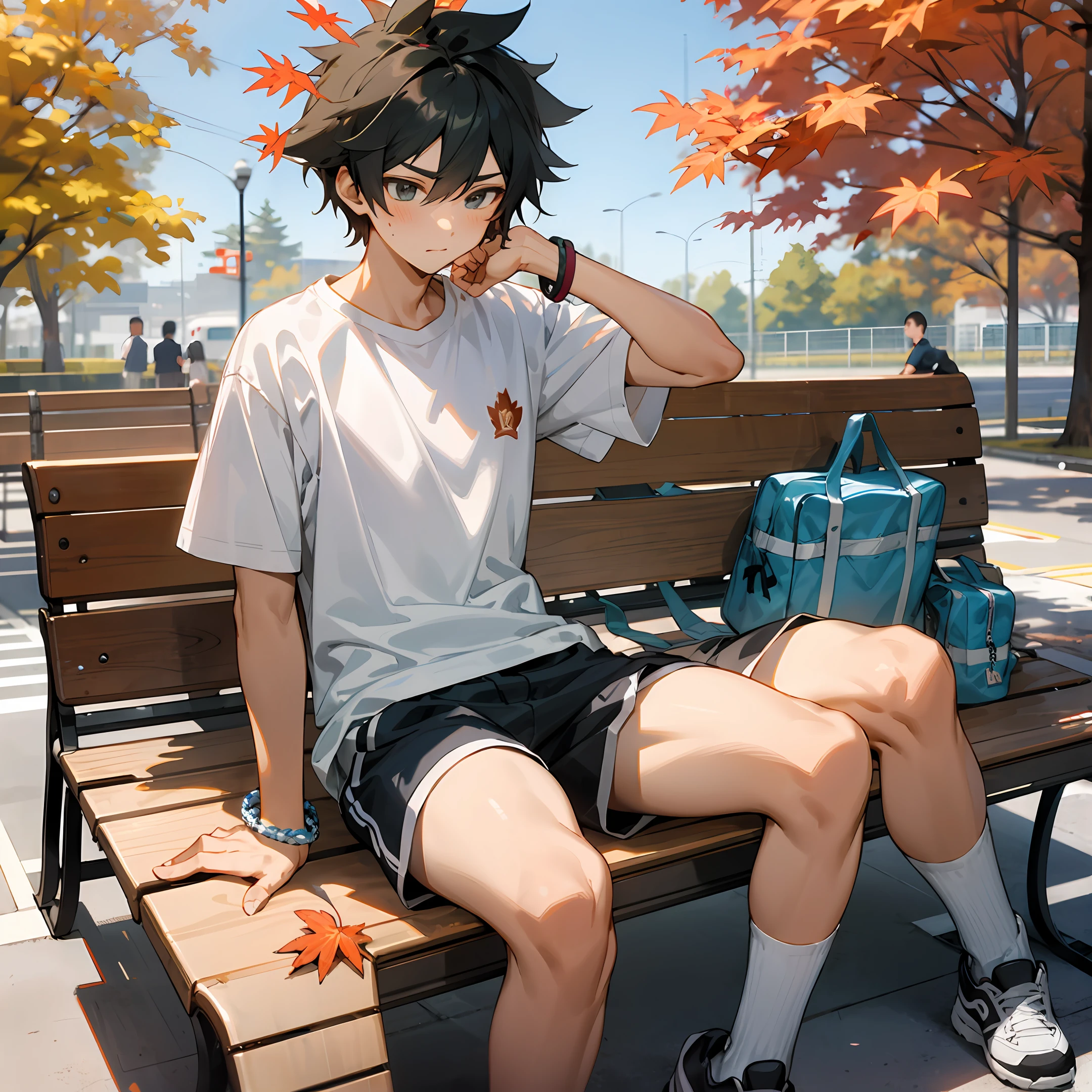 Junior high school boys，Wear a white shirt，Wear a white bracelet，Wear white sports shorts，Think on a bench under the maple leaf，Hair is neat，with a good figure