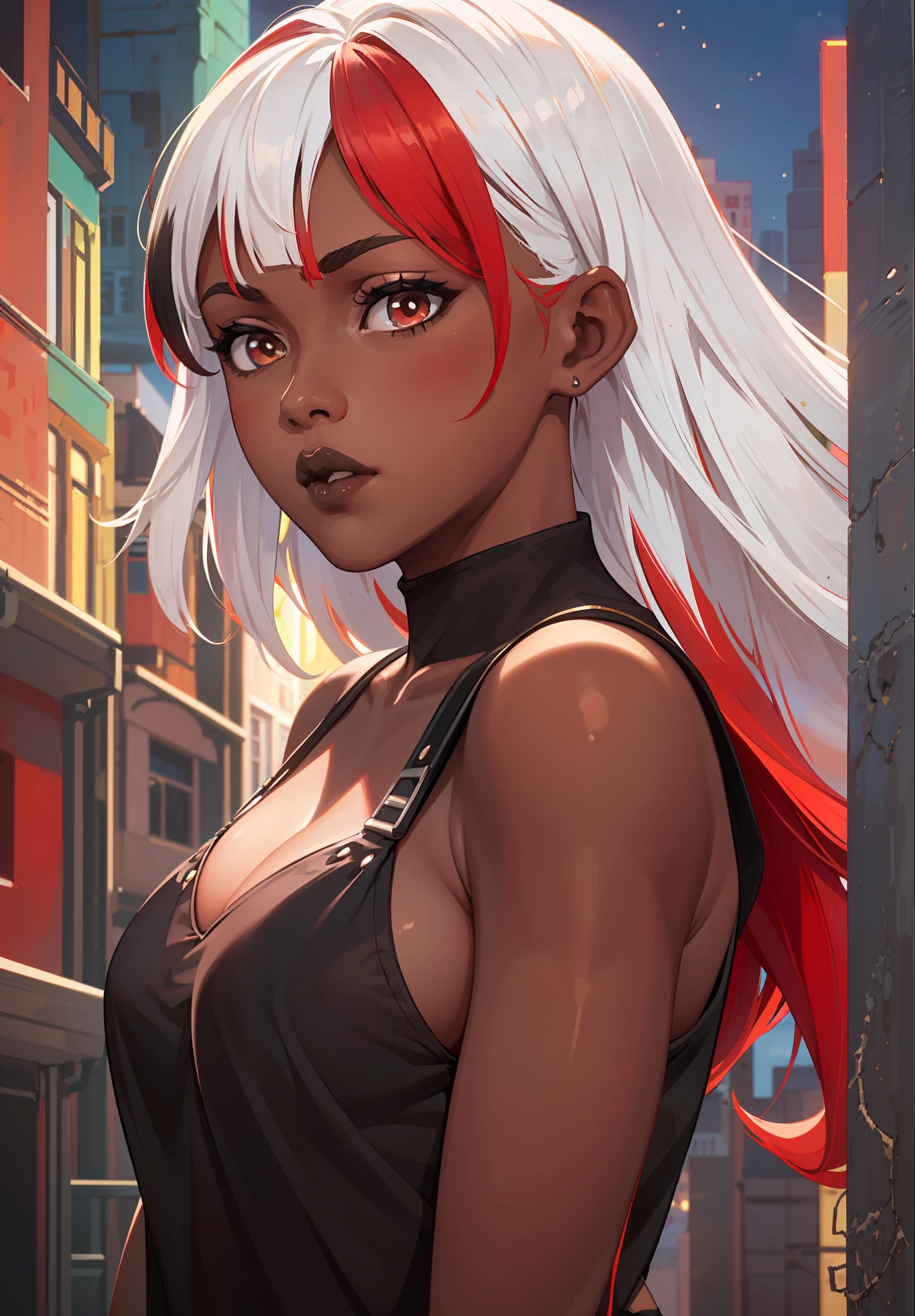 1girl, ((独奏)), (((black skin))), ((dark skin))), (((fat lips))), ((white colored hair|red hair)), ((multicolour hair)), ((short волосы)), (((red глаза))), Red shirt, night time, City, the wind