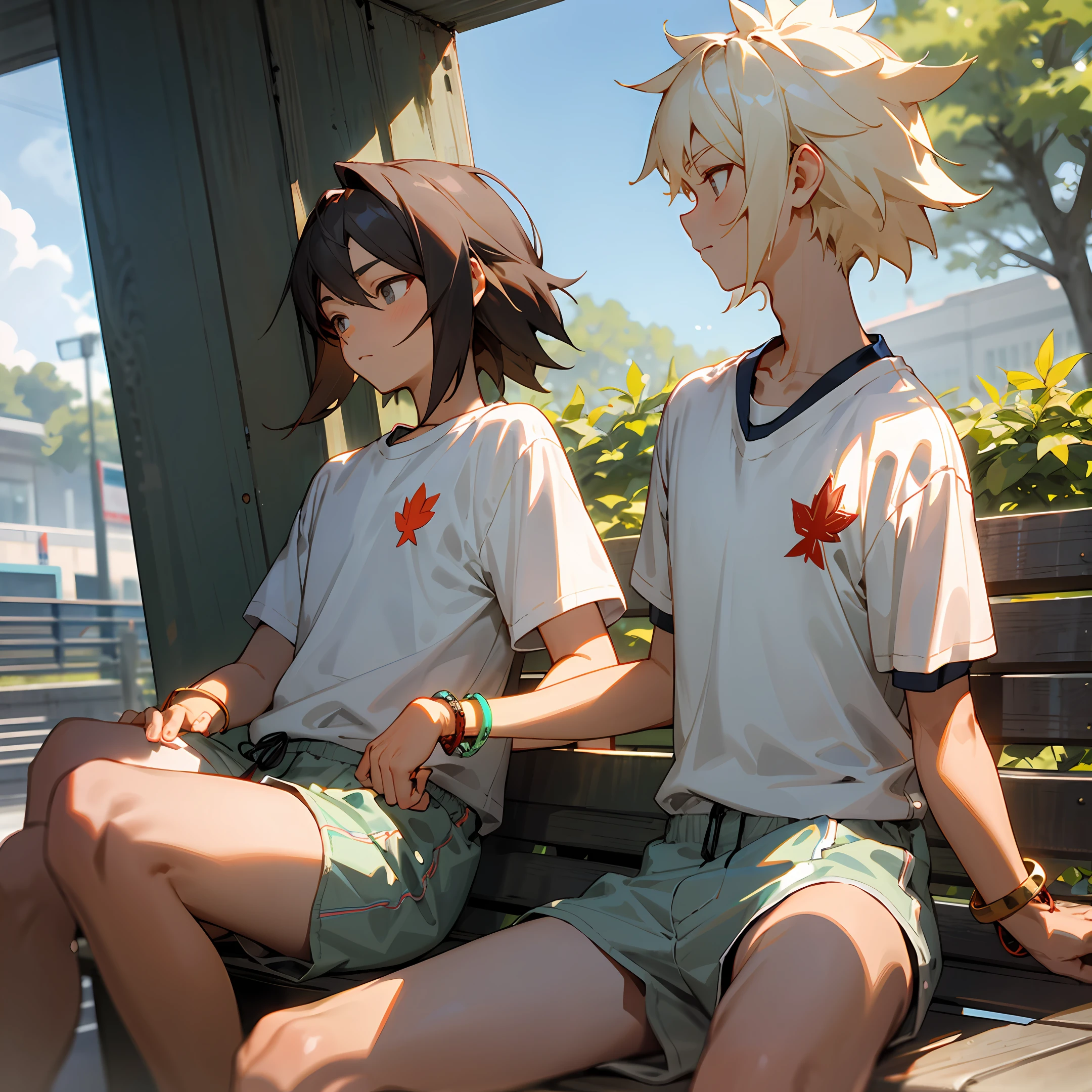 Junior high school boys，Wear a white shirt，Wear a white bracelet，Wear white sports shorts，Think on a bench under the maple leaf，Hair is neat，with a good figure