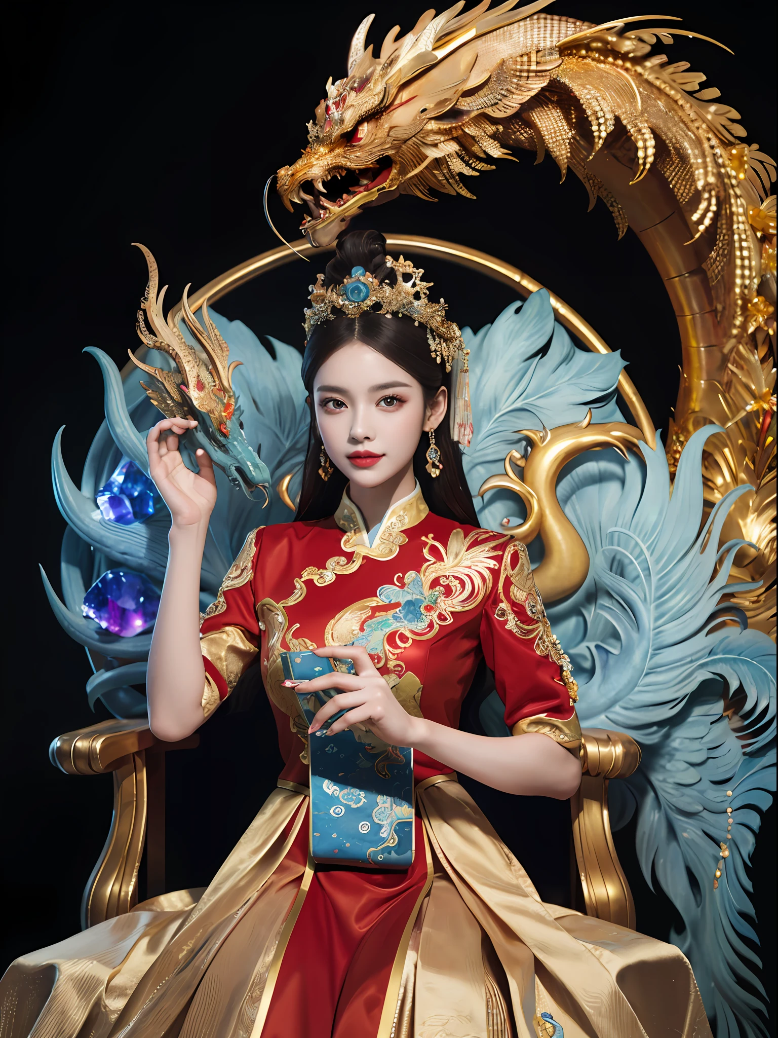A Chinese girl sitting on a throne, a throne encrusted with precious stones, surrounded by Chinese phoenix beasts, gold and ruby color, unique monster illustration, Dau al set, high resolution, a painting, dense composition, playful repetition, precious stones, crystals, gold, detailed paintings, unique monster illustrations, super fine details, realistic, super high resolution, complex, super detail, (skin dents), cute, feminine, detailed body, (Detailed face: 1.1), (contoured iris), (watercolor lenses), (perfect eyes), 4k, gorgeous, (masterpiece: 1.2), (best quality: 1.2), gorgeous long dress, dynamic pose, rich colors, film light and shadow,red and golden clothes