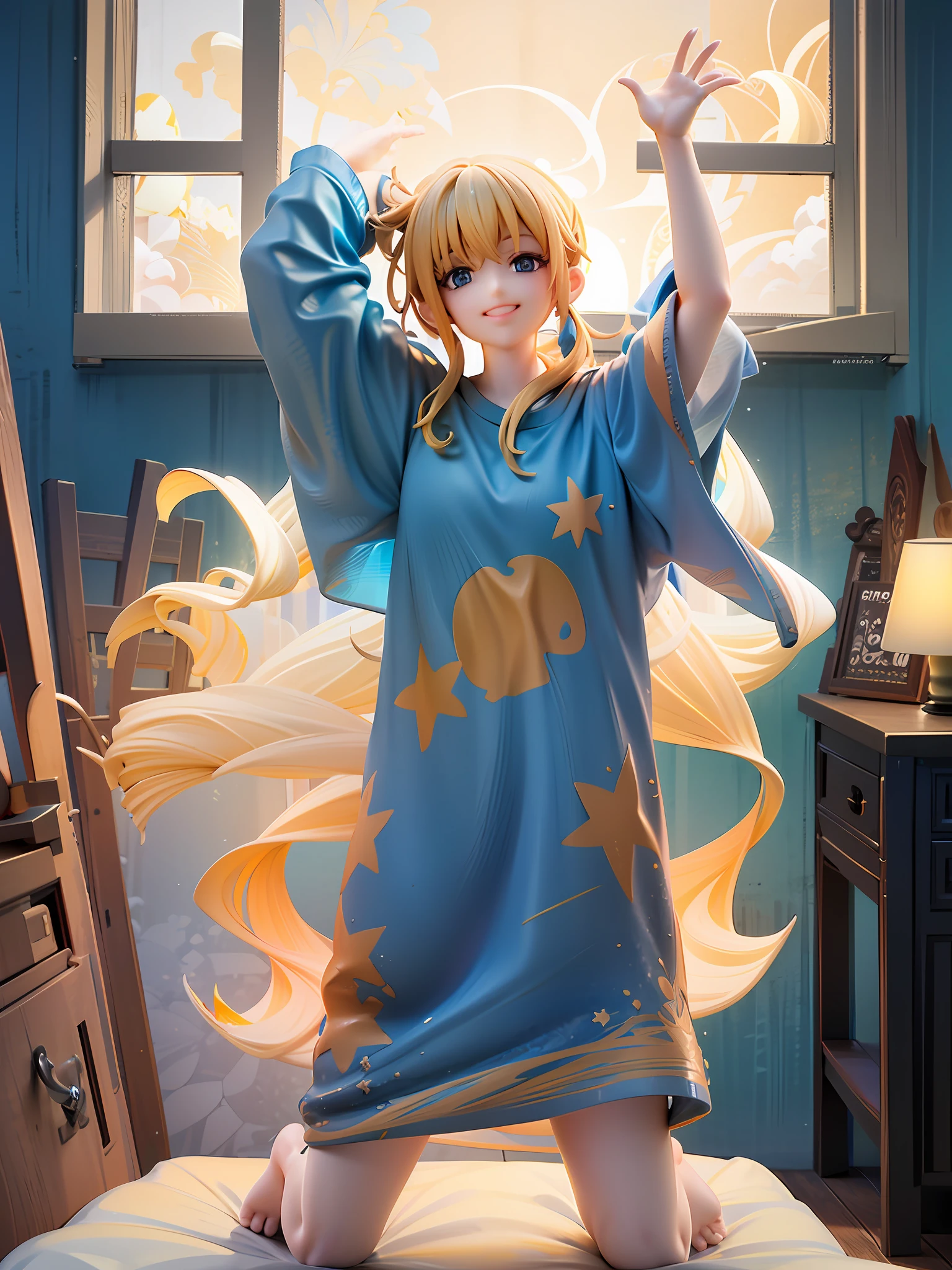 ideal morning theme, orange and white, calm and relaxed character, smiling, comfortable soft casual morning clothes, blonde loose ponytail medium hair, blue eyes, getting out of bed and stretching pose, bright morning sun shining through the window of the bedroom background,