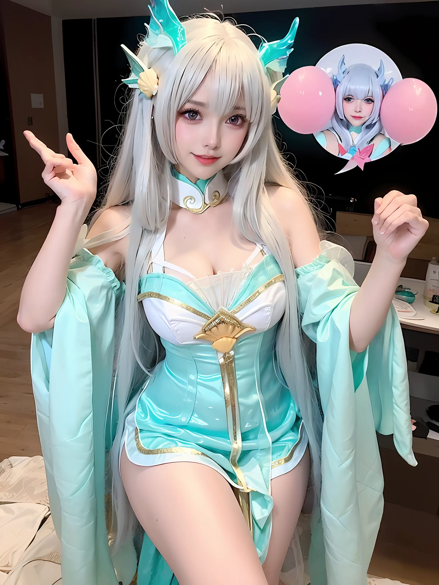 A woman in a bathing suit poses for a photo, Anime girl cosplay, Anime cosplay, Anime goddess, elegant glamourous cosplay, Gorgeous Role Play, fantasyoutfit, cosplay, dreamy dress, High quality clothing, cute anime waifu in a nice dress, belle delphine, a beautiful fantasy empress, glamourous cosplay, white and teal garment, wearing fantasy clothing,drak