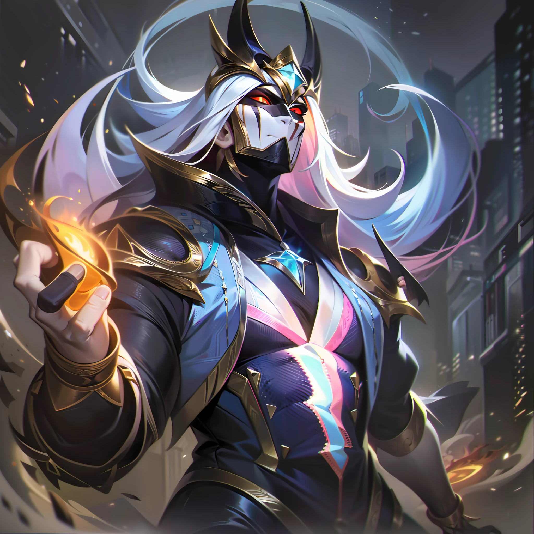 The character described is a tall, muscular man, with an imposing appearance. Ele tem olhos de cor carmesim, que emanam um brilho intenso e cativante. Their hair is long and completely white, adding an element of distinction to your look. He's wearing a black overcoat that covers most of his body, giving it an air of elegance and mystery.
Por baixo do sobretudo, ele veste trajes finos e bem ajustados, which further underscore his athletic figure. Essas roupas, although they are not specified, convey the idea of sophistication and good taste.
The man in question emanates a mysterious and haunting aura, implying that there is something intriguing and enigmatic about him. His presence is intense and imposing, able to hold the attention of the people around you.
Behind him, revela-se um mundo em chamas. This image suggests that it has some connection to destruction and chaos, perhaps being a figure related to the catastrophic outcome or darkness.
Para cobrir seu rosto, He wears a solid white mask, que esconde completamente sua identidade, leaving only his crimson eyes visible. This mask adds an enigmatic and sinister touch to your appearance, suggesting that he has secrets or hidden intentions.
No geral, This character is portrayed as an enigmatic figure, poderosa e sombria, whose presence is marked by mystery, Grandeur and a sweeping world on fire.s,splashart, splashart, Splashart de League of Legends, arte, Pincelada, obra-prima, 8k, Ultra Detalhado, disco Rigido