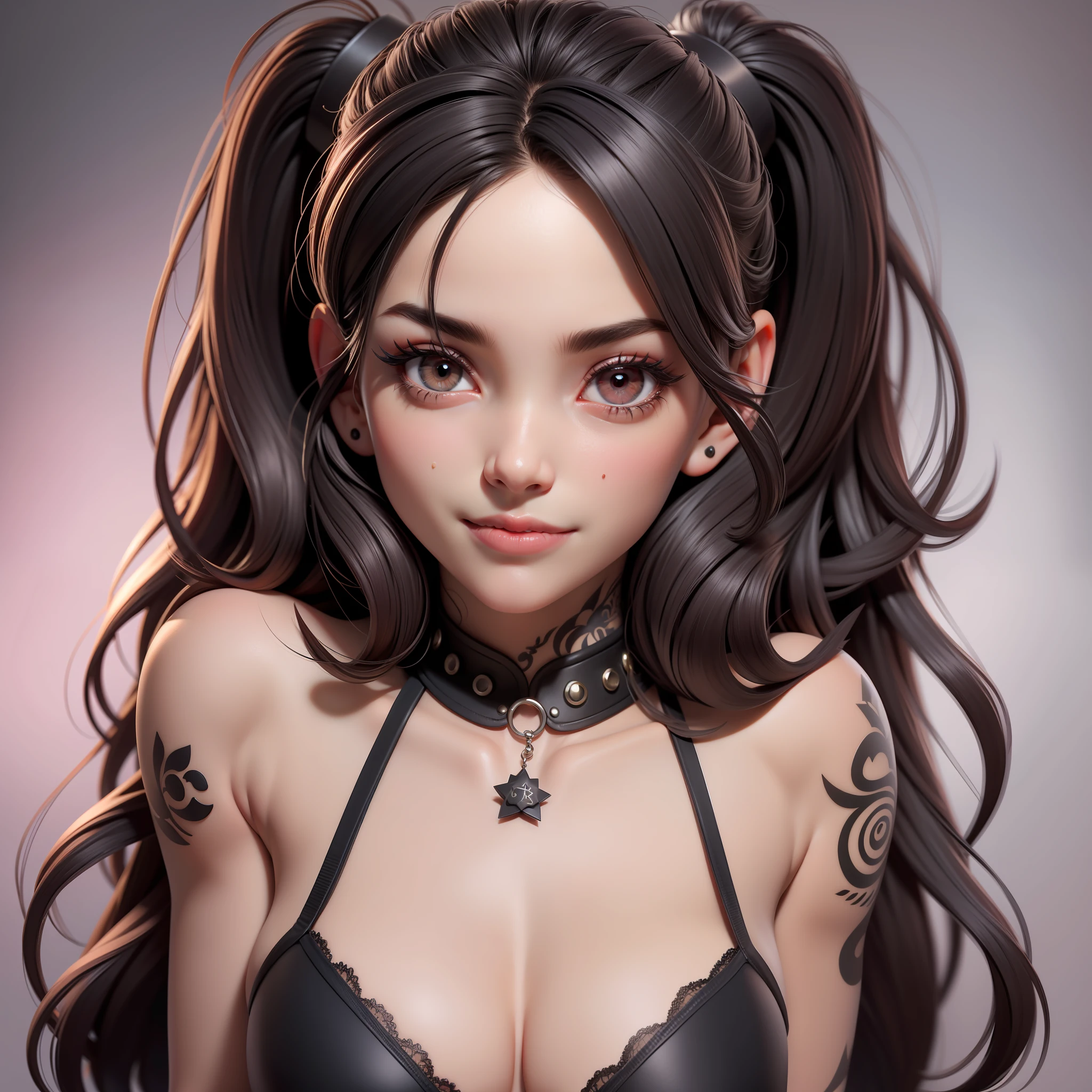HDR, CG, sharpen focus, (8k), (4k), (Obra maestra), (La mejor calidad), fantasy, extremadamente detallado, intrincado, hiper detallado, (Cara perfecta: 1.3), (ojos perfectos), illustration, Soft lighting, (specular lighting: 1.4), Altas Resoluciones, absurdos, La mejor calidad, 1girl, solamente, colas gemelas, colored sclera, red sclera, piel coloreada, piel blanca, tatuaje de pierna, tatuaje en el cuello, cabello negro, small breasts, Black bra, tanga, pupilas rojas, Skin fastener, ojos rojos, chaqueta negra, cintura estrecha, caderas anchas, muslos gruesos, En pie, pose sexy, They are smiling