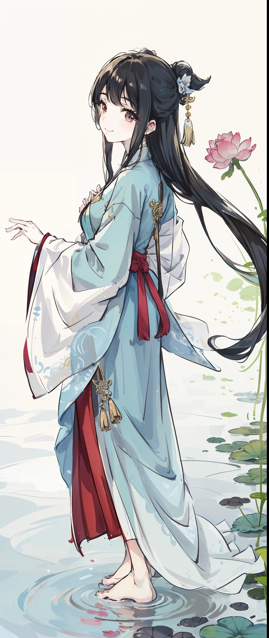 ((4k,masterpiece,best quality)), shuimobysim, traditional chinese ink painting, lotus, hanfu, maxiskit, dress conservatively 1girl, solo, long blue hair, smile, standing, feet in the water, barefoot,