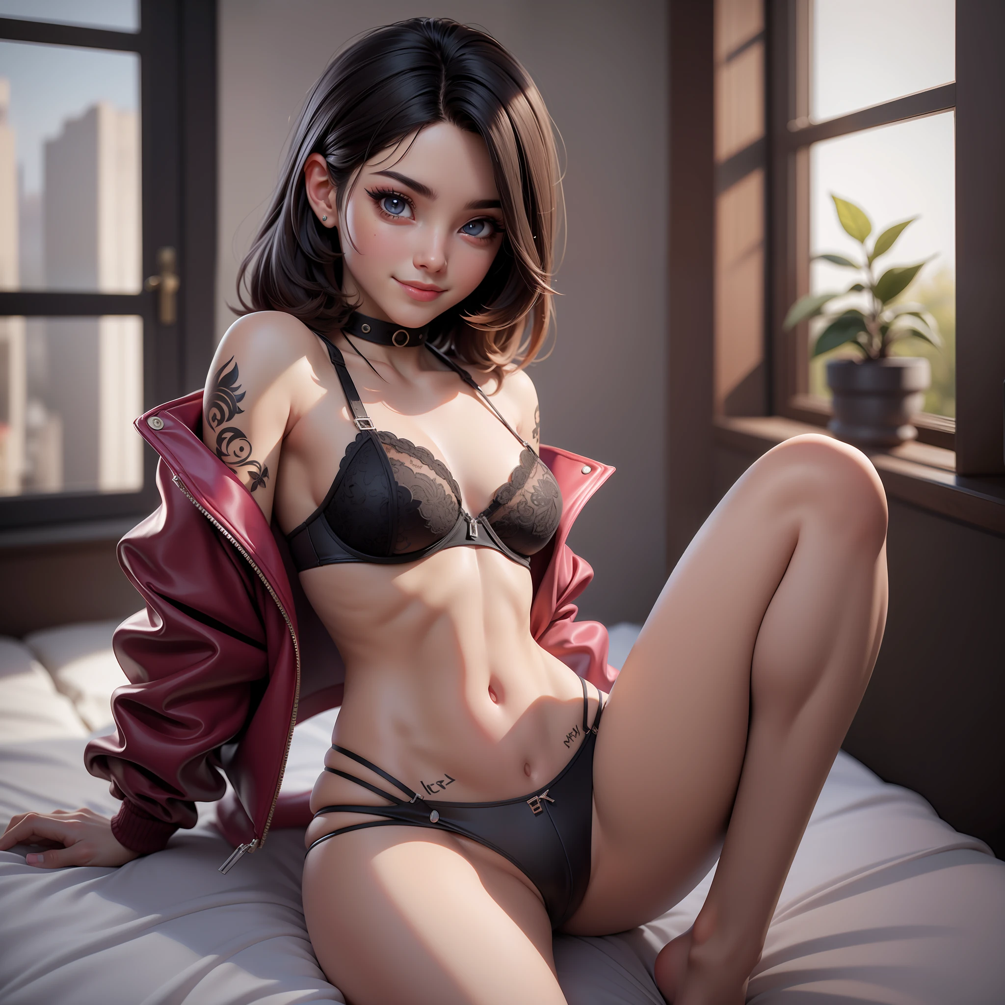 HDR, CG, sharpen focus, (8k), (4k), (Obra maestra), (La mejor calidad), fantasy, extremadamente detallado, intrincado, hiper detallado, (Cara perfecta: 1.3), (ojos perfectos), illustration, Soft lighting, (specular lighting: 1.4), Altas Resoluciones, absurdos, La mejor calidad, 1girl, solamente, colas gemelas, colored sclera, red sclera, piel coloreada, piel blanca, tatuaje de pierna, tatuaje en el cuello, cabello negro, small breasts, Black bra, tanga, pupilas rojas,  Skin fastener, ojos rojos, chaqueta negra, cintura estrecha, caderas anchas, muslos gruesos, En pie, pose sexy, They are smiling