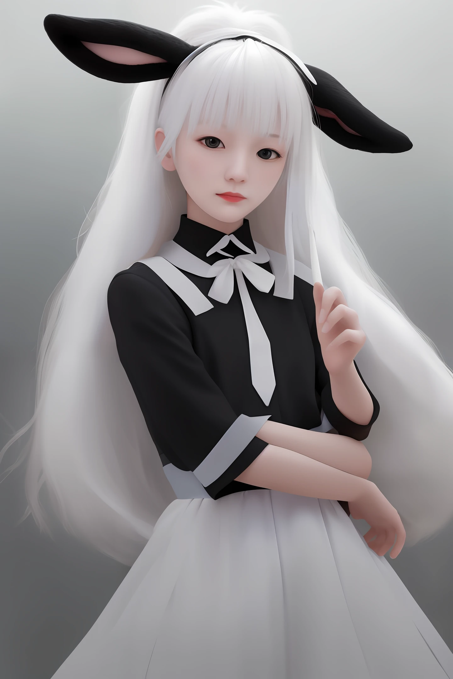 Has long creamy white hair,skin fair。I like to carry black rabbit puppets with me,The clothes are almost all white,Two black bows will be tied on the head。