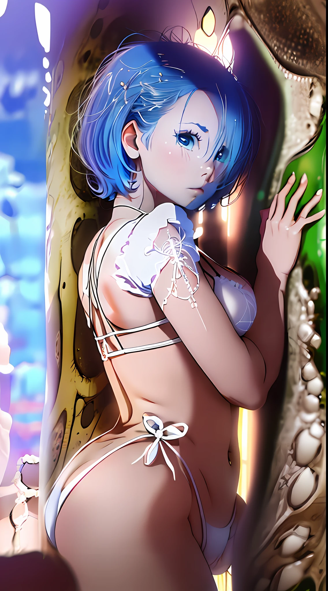 (nsfw:1.2), (8k, RAW photo, best quality, masterpiece: 1.4), ultra high definition, (realistic, photorealistic: 1.48), 20 yrs old, cute girl, (see-through white micro bikini:1.48), Japanese famous actor, (blue hair:1.4), short hair, (hair over one eye:1.3), blue eyes, head tilt, cowboy shot, from the side, looking at viewer, expressionless, beautiful lake, Zeiss 150mm f/ 2.8 Hasselblad, whole body, foot, super wide angle