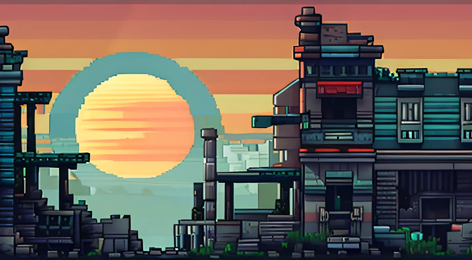 pixelart, postapocaliptical city, lot of destructed buildings, abandoned, lot of destruction, grey sky, sunrise on background, video game concept art