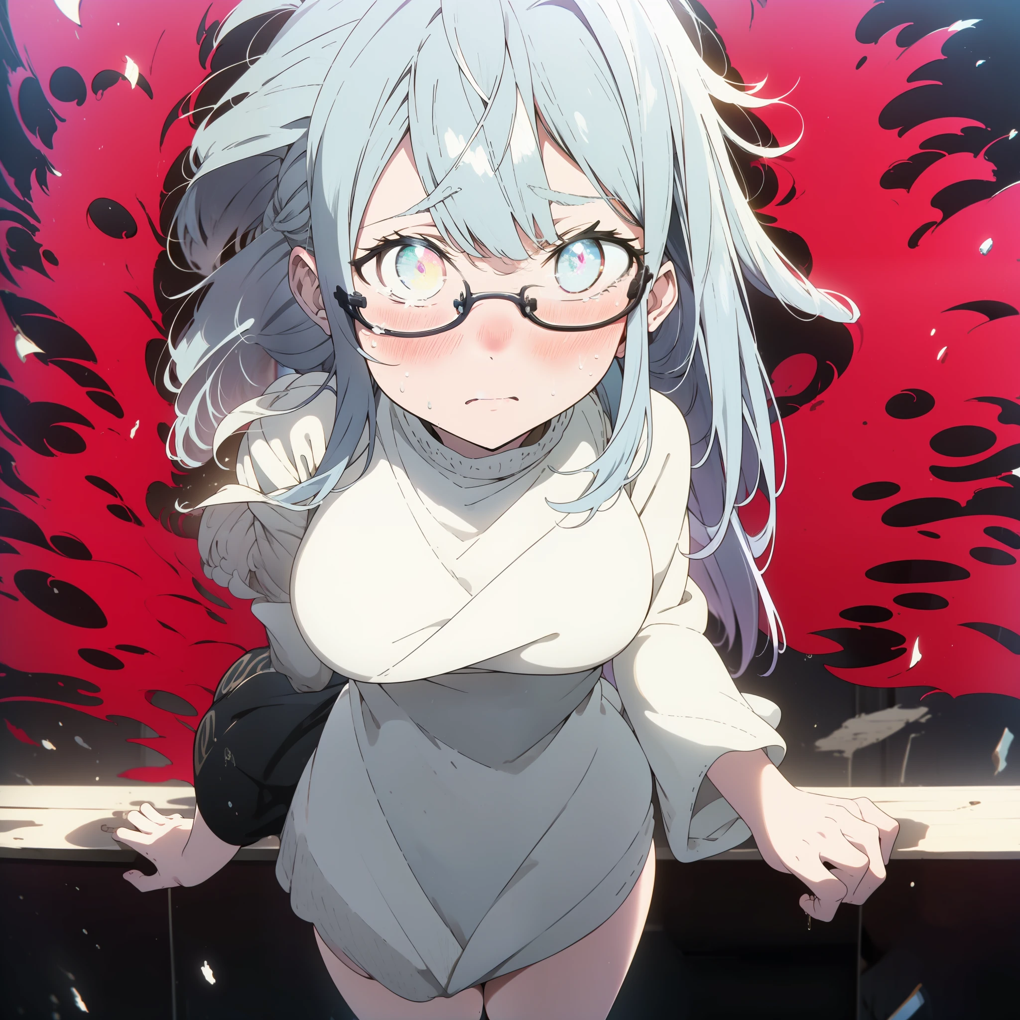 2d, masterpiece, best quality, anime, highly detailed face, highly detailed eyes, highly detailed background, perfect lighting, 1girl, solo, standing, ,koe no katachi, round glasses,silent voice,Shouko Nishimiya, Massive boobs, blush, Full body, beautiful eyes, heterochromia, sad, crying,