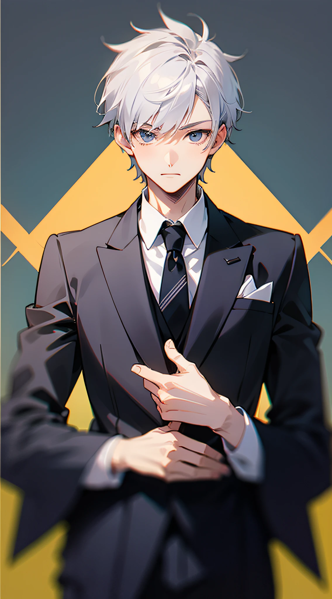 male people　twinks　Cool　an animated character　has silver hair　short-cut　black suits　Background Simple　　trending on pixiv　An ultra-high picture quality