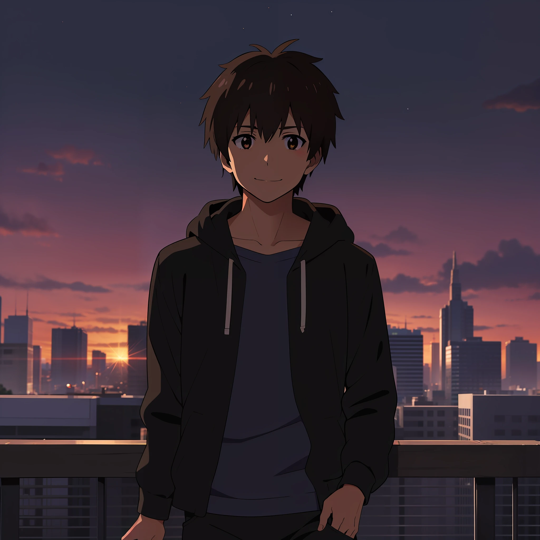 ,tachibana taki,((kimi no na wa.)),relieved smile,glitter sunset