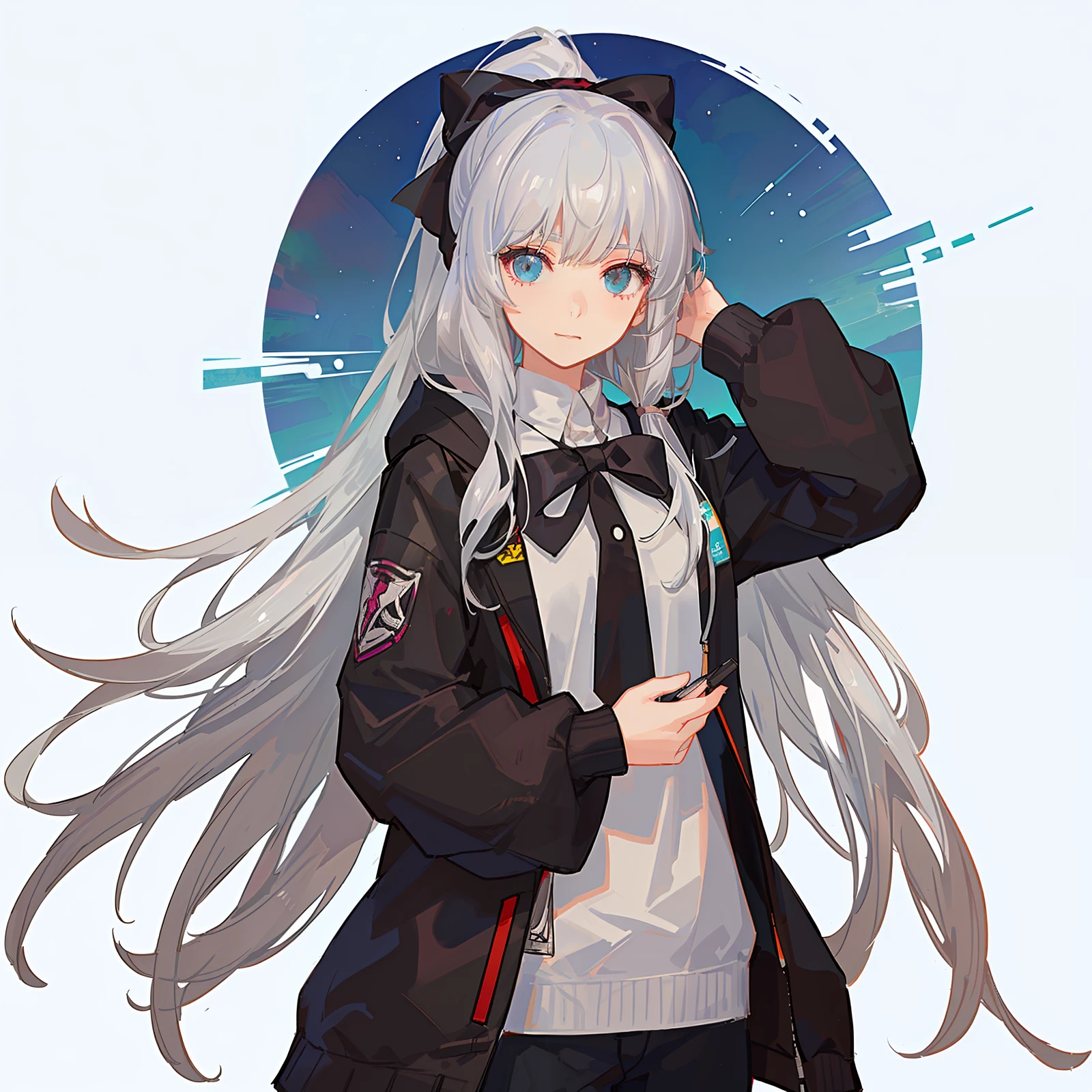 anime girl with a hoodie and a red bow in her hair, a character portrait by Ei-Q, pixiv, sots art, silver hair girl, 2 d anime style, nagito komaeda, girl silver hair, a silver haired mad, gray haired, cyborg - girl with silver hair, silver hair (ponytail),animation style
