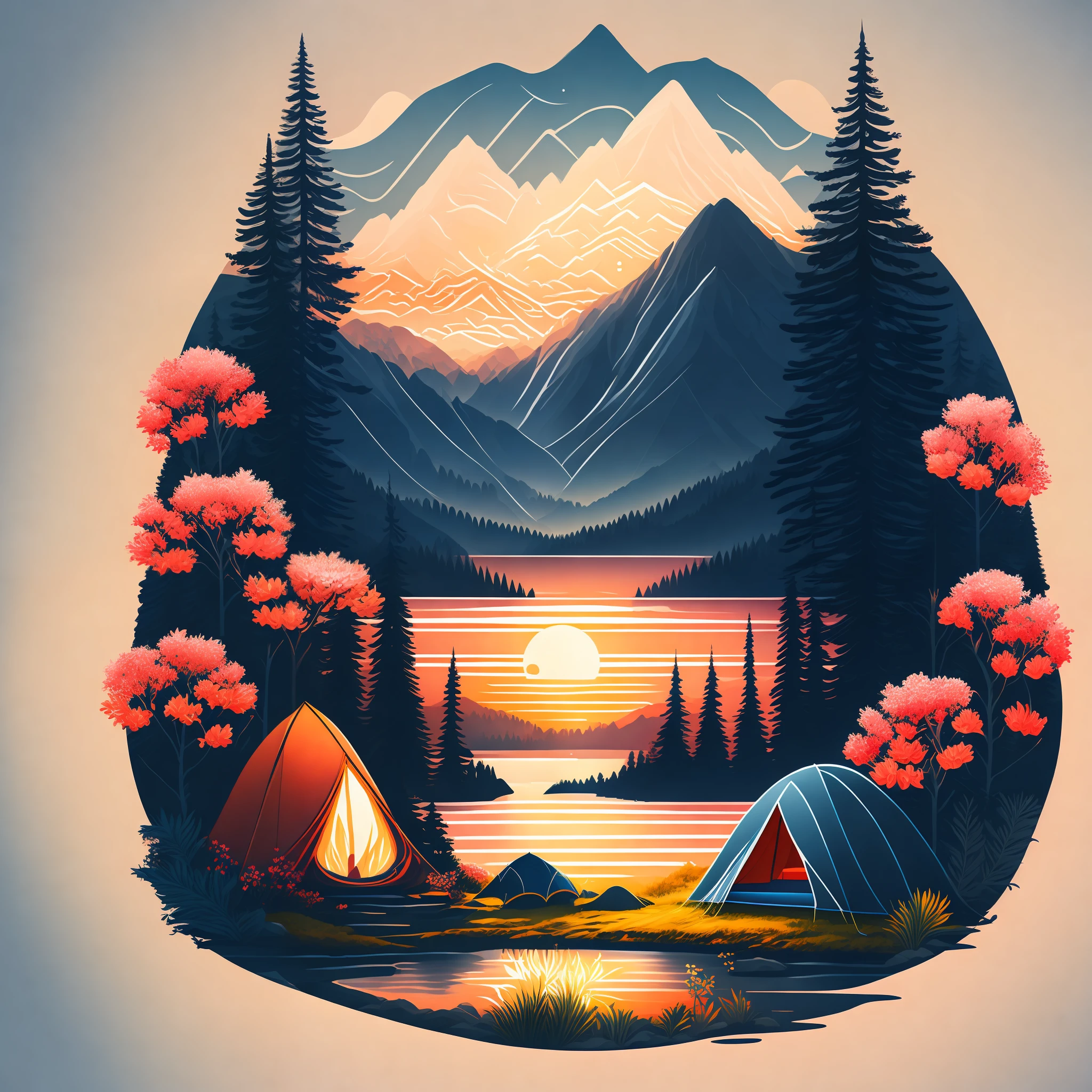 A camping tent near a lake in the montains, sunrise, flower patern, vectorial art, tshirt design