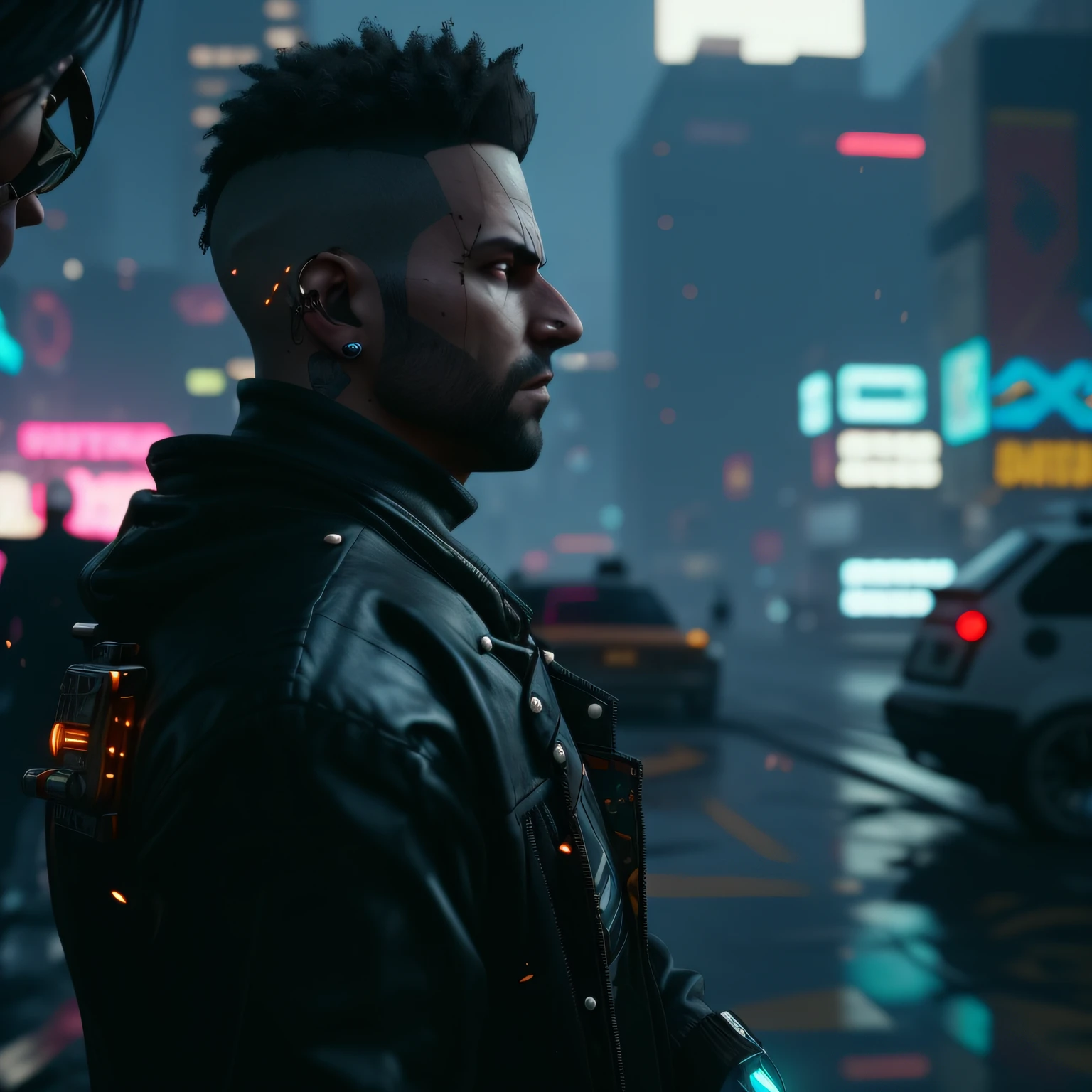 arafed man in a black jacket standing in a city at night, arte cyberpunk ultrarrealista 8k, estilo cyberpunk hiper-realista, Argila Cyberpunk, cyberpunk 8 mil, personagem cyberpunk, cara cyberpunk, estilo de cyberpunk 2 0 7 7, cyberpunk 2 0 7 7 arte do personagem, estilo cyberpunk , hiper-realista, cyberpunk lighting, cyberpunk 2077) --auto