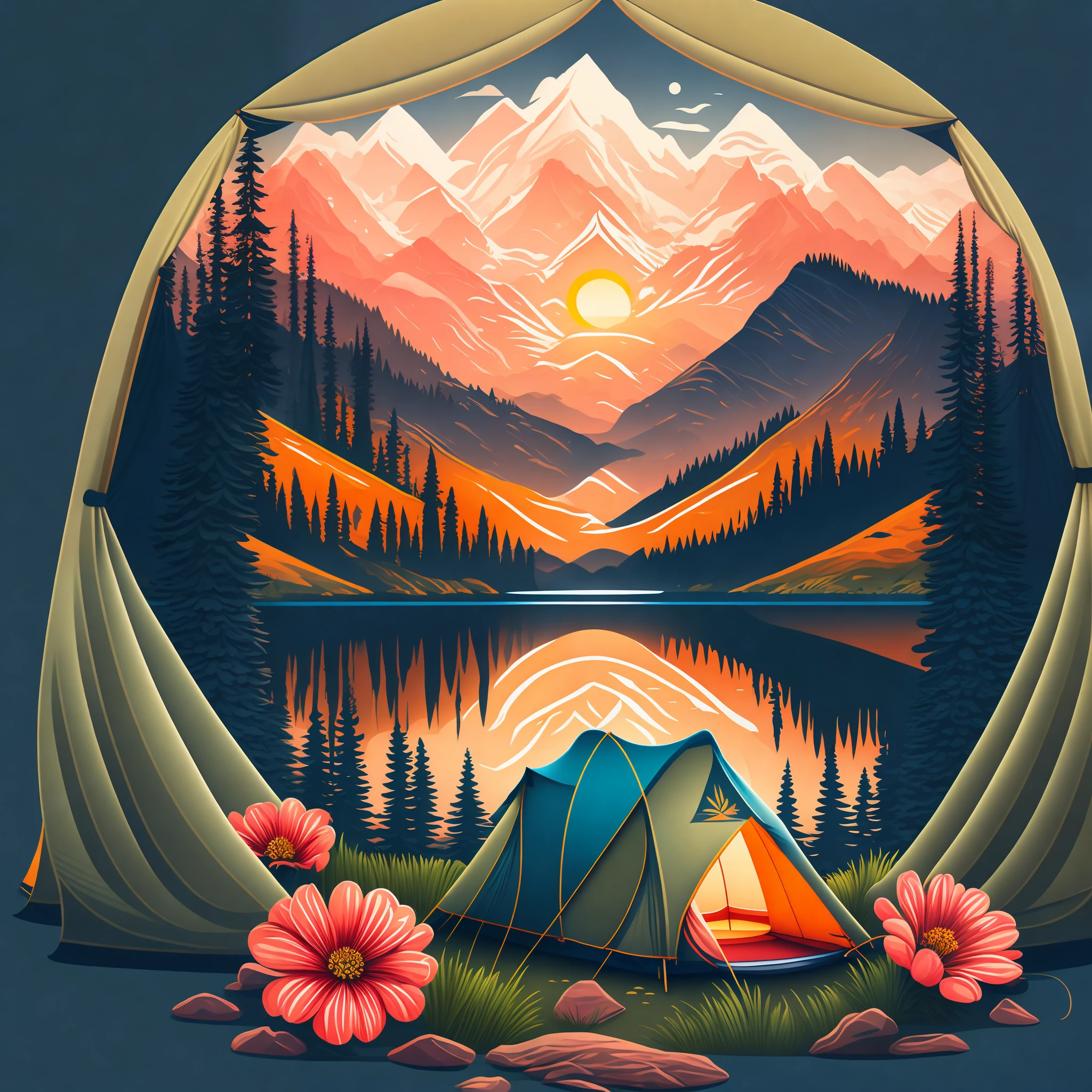 A camping tent near a lake in the montains, sunrise, flower patern, vectorial art, tshirt design