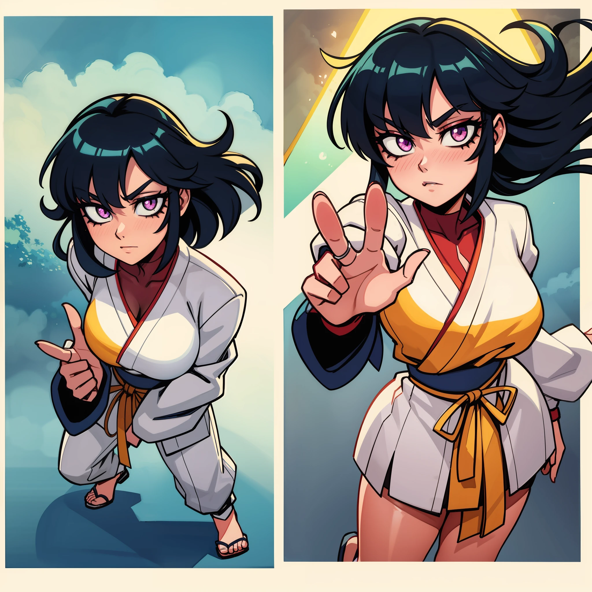 [retro anime art style], old anime, 1980s \(style\), 1990s \(style\), watercolor \(medium\), asian female, Masterpiece, 4K, karate_gi, wearing karate gi, [retro anime art style], old anime, 1980s \(style\), 1990s \(style\), watercolor \(medium\), ((best quality)), ((masterpiece)), [detailed], [anime and manga image], [captivating], [enchanting], [narrow hips], [small breasts], [wide hips], [ultra detailed hands], [large ass], 1girl, full body portrait,body Outline emphasis:1.2,lineart:1.1, traditional Media, full body focus, solo, fighting stance,(hyperdetailed:1.15), [detailed], ((best quality)), ((masterpiece)), (soft light, sharp:1.2), (illustration, uhd, unreal engine, sharp focus,), op quality, best quality, official art, ultra detailed texture, ultra detailed hands, [pixiv], white background