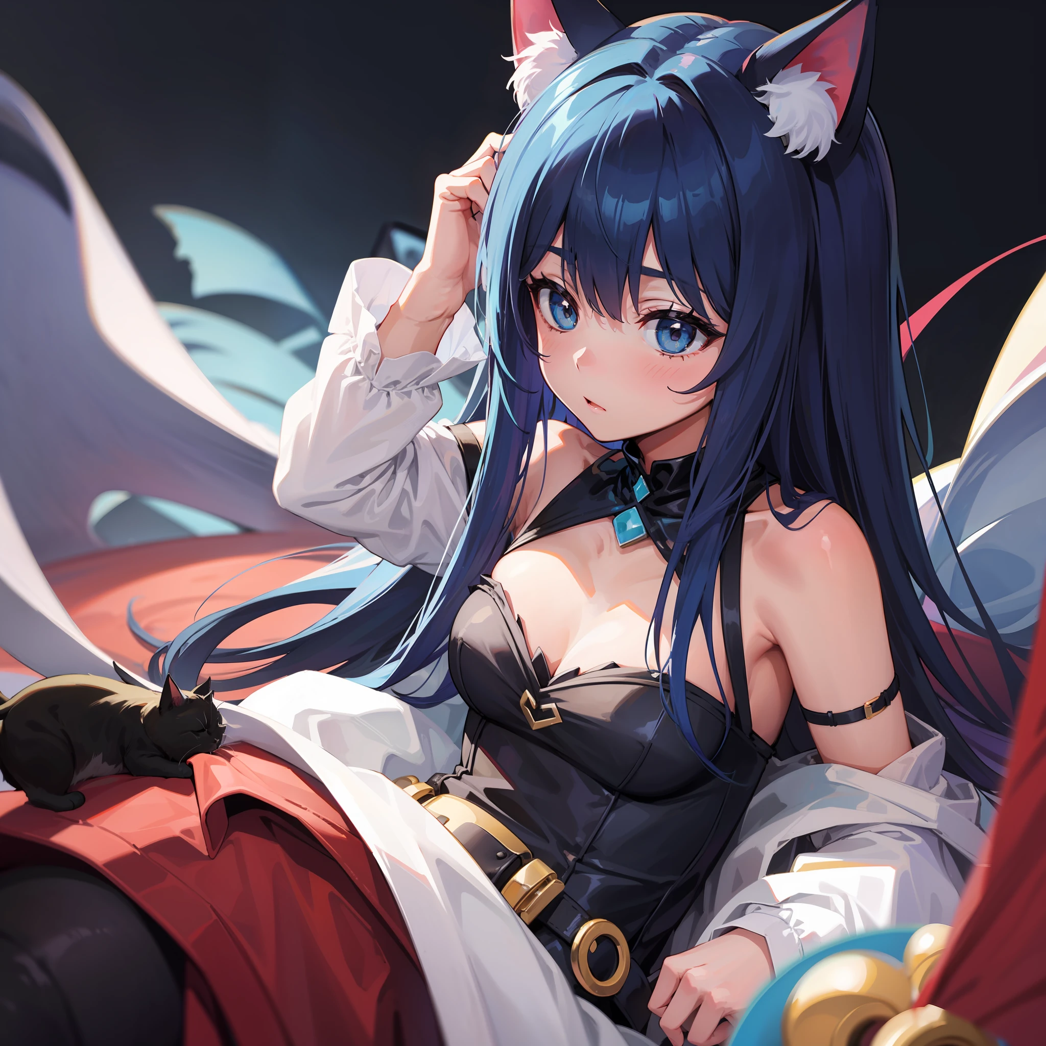 Four cat ears，littlegirl，shylily，head bowed，Long dark blue hair