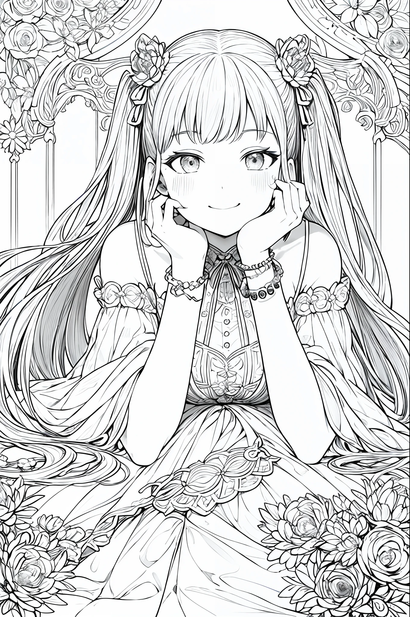 masterpiece, best quality, 1girl, solo, long_hair, looking_at_viewer, smile, dress, ribbon, jewelry, very_long_hair, hair_ribbon, flower, bracelet, two_side_up, hand_on_own_face, head_rest, hand_on_own_cheek, lineart, monochrome,