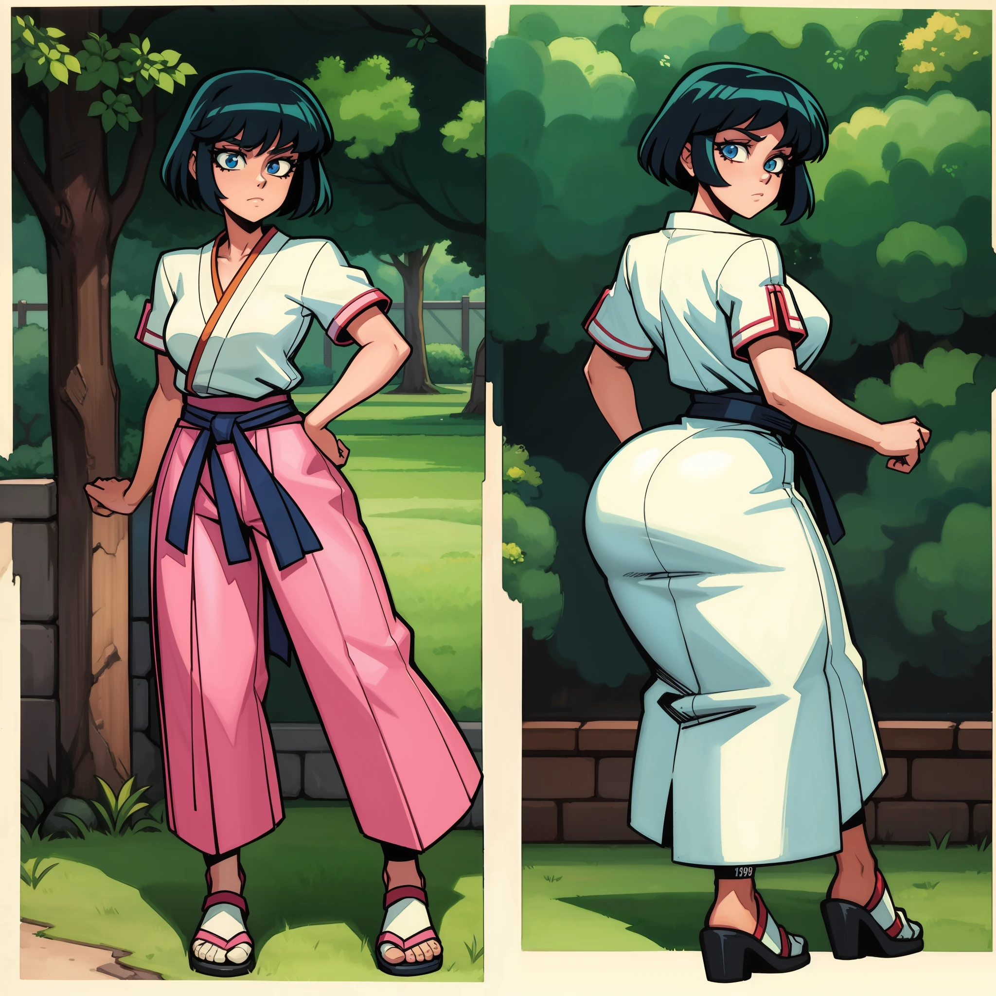 [retro anime art style], old anime, 1980s \(style\), 1990s \(style\), watercolor \(medium\), asian female, Masterpiece, 4K, karate_gi, wearing karate gi, [retro anime art style], old anime, 1980s \(style\), 1990s \(style\), watercolor \(medium\), ((best quality)), ((masterpiece)), [detailed], [anime and manga image], [captivating], [enchanting], [narrow hips], [small breasts], [wide hips], [ultra detailed hands], [large ass], 1girl, full body portrait,body Outline emphasis:1.2,lineart:1.1, traditional Media, full body focus, solo, fighting stance