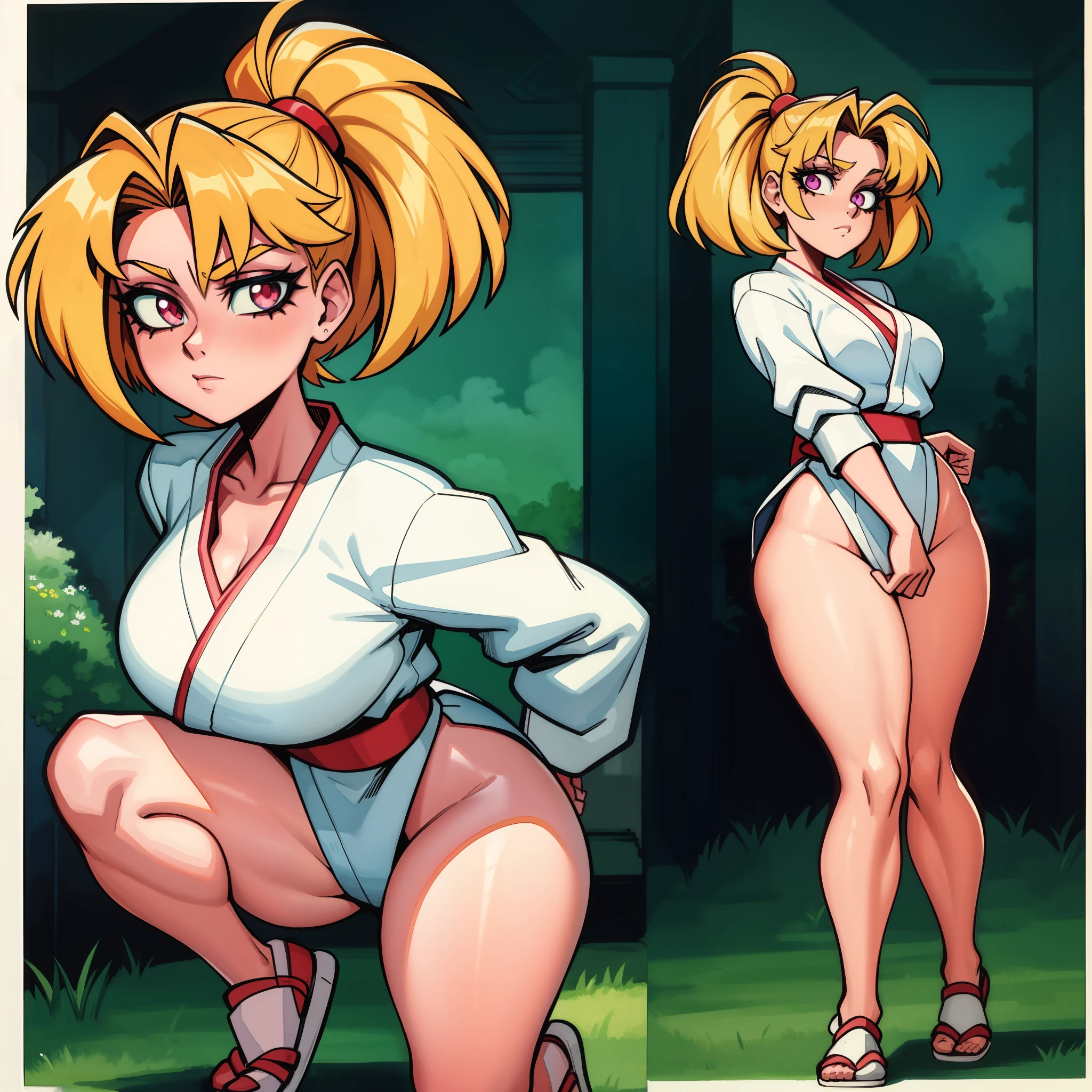 [retro anime art style], old anime, 1980s \(style\), 1990s \(style\), watercolor \(medium\), asian female, Masterpiece, 4K, karate_gi, wearing karate gi, [retro anime art style], old anime, 1980s \(style\), 1990s \(style\), watercolor \(medium\), ((best quality)), ((masterpiece)), [detailed], [anime and manga image], [captivating], [enchanting], [narrow hips], [small breasts], [wide hips], [ultra detailed hands], [large ass], 1girl, full body portrait,body Outline emphasis:1.2,lineart:1.1, traditional Media, full body focus, solo, fighting stance