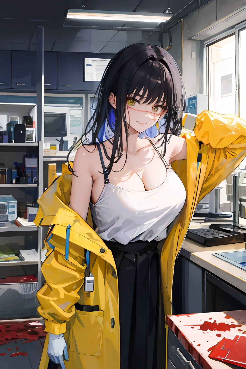 master work, best qulity, detailded, seulement, 1fille, chimiste, bas, seductive pose, rideaux de poitrine, Gants, Souriant, attentive, compatissant, interagir, amical, chaleureux, laboratoire, laboratoire, poste de chimiste, outils de chimiste, Scientific equipment, fournitures, Cheveux courts, seins moyens, beaux yeux bruns, décolleté, gros seins, transpiration, rougissement, respiration lourde, wearing a yellow lab coat with blood stains on it, masque chirurgical, Medical gloves