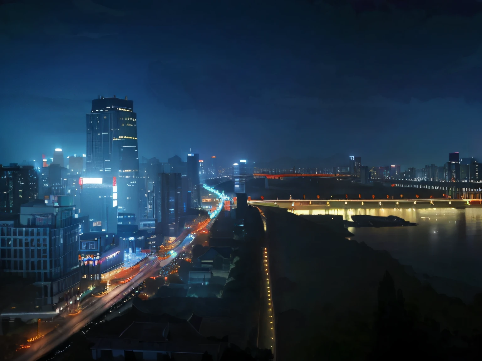 nighttime view of a city with a bridge and a river, shanghai, shenzhen, Night view, Hangzhou, wide - shot, wide wide shot, night - time city background, during night, city night, night shot, City at night, night cityscape, night time footage, vfx powers at night in the city, Night scene, nighttime city background, beijing,sci-fy
