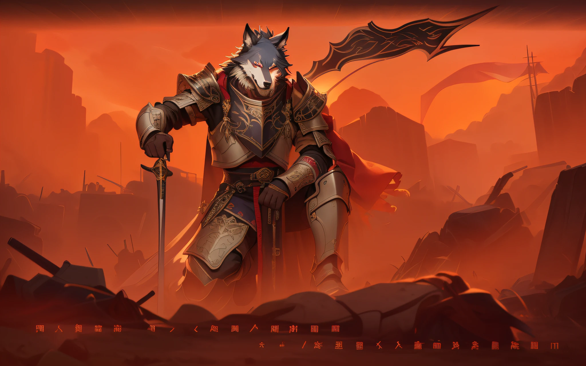 High-quality depiction of war scenes,Sunset,Red Werewolves wear ancient general armor,Wolf hair covers the whole body,Strong and powerful。He crouched on the battlefield of chaos,The face is scarred,Hold your weapon tightly,Wait for the next goal。The blue pupils are shining,The red cloak adorns the heroic pose,Handsome。