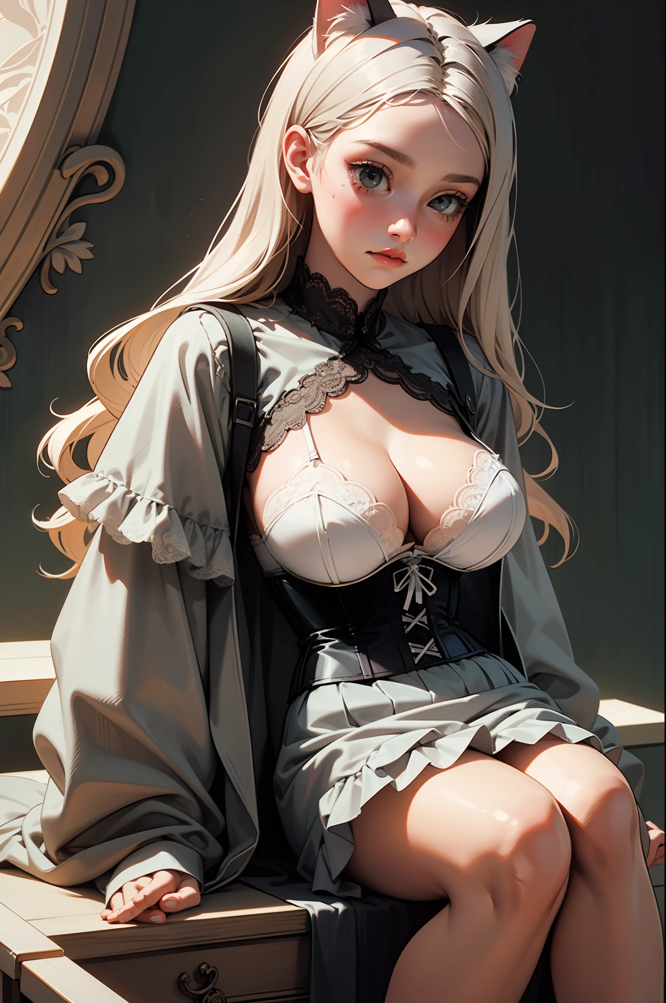 [Artwork of exceptional craftsmanship],(Detailed illustrations,Art based on extremely ideal anatomy,Very detailed and detailed drawing,Delicate lines with slow and rapid,(Realistic texture expression)),[Color tressed main line],[Strange bedroom background],(Japanese Girl (Beauty)  student [Luxury Girl] (cat ear ((bbw)) (large chest with drooping,[wide areola]))),(Full body lingerie (Pure white corset) (Ribbon Ruffled Lace Fabric [lolita fashion])),[Realistic and glossy skin expression ([High humidity] (Soft body)),([sitting] [[boredom]] gravure),Transparency, soft ambient light,(Perfectly proportioned),(Fine and beautiful skin expression [realistic skin detail]),(Design built to the highest level,[Advanced structural understanding of materials],Ideal color coordination),(Intricate and beautiful decoration (Dense detail)),(More on shiny hair),[Perfect hand details],(Beautiful perfect face [Realistic face details]),[Clear gaze],[long and beautiful eyelashes],[Perfect eye details (Eyes beautifully drawn down to the smallest detail)],(detaileds,high-detail),((Precision Detail),[multi-layer texture],HighQuality,hight resolution),[Accurate simulation of light-material interactions,Understanding Airflow,Mechanically correct representation],[Visual art that conveys a sense of narrative] [Full body like],[[Desaturation]].