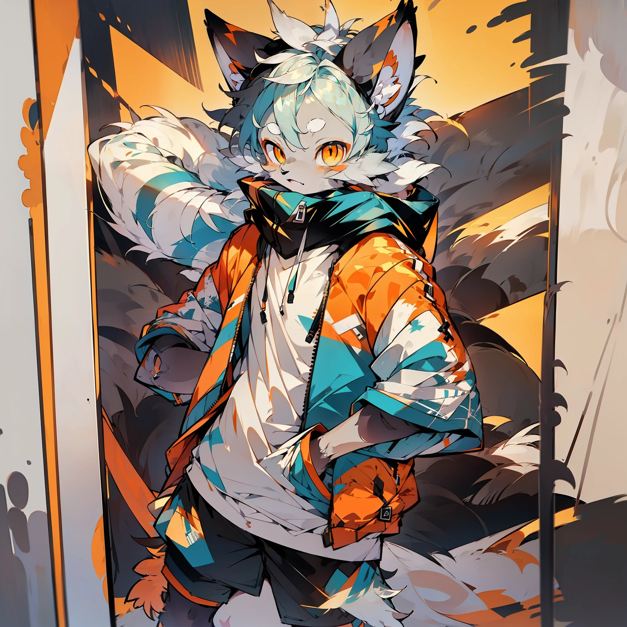 shota,furry,cute,lovely,light blue fur,white ears,orange eyes,light green hoodie,medium gray shorts