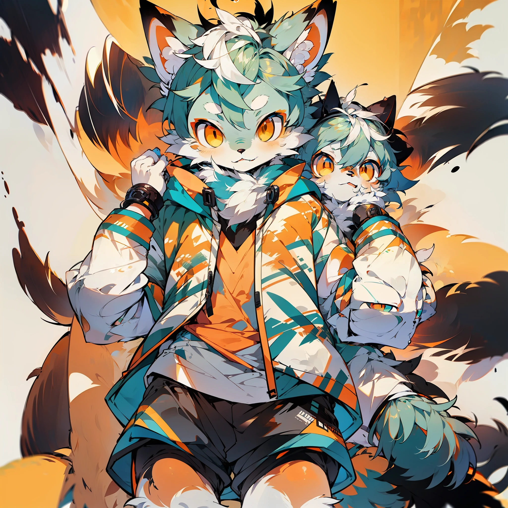 shota,furry,cute,lovely,light blue fur,white ears,orange eyes,light green hoodie,medium gray shorts