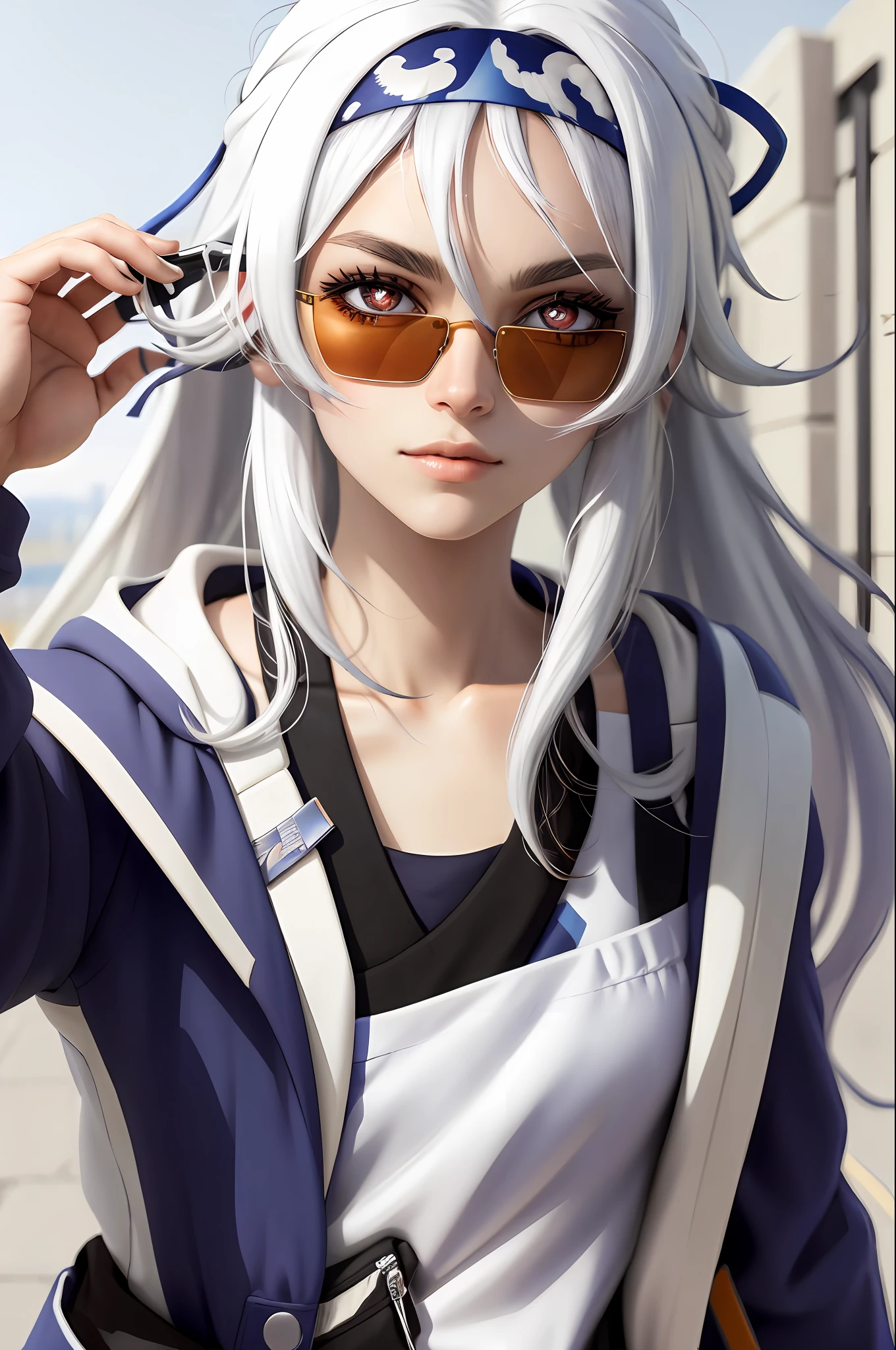 White hair, sunglasses, mismatched pupils, hair splayed out, White hair, Anime, Close-up, High detail, The ultra -The high-definition, The ultra -The high-definition, Textured skin, High quality, High details, Best quality, A high resolution, 4K