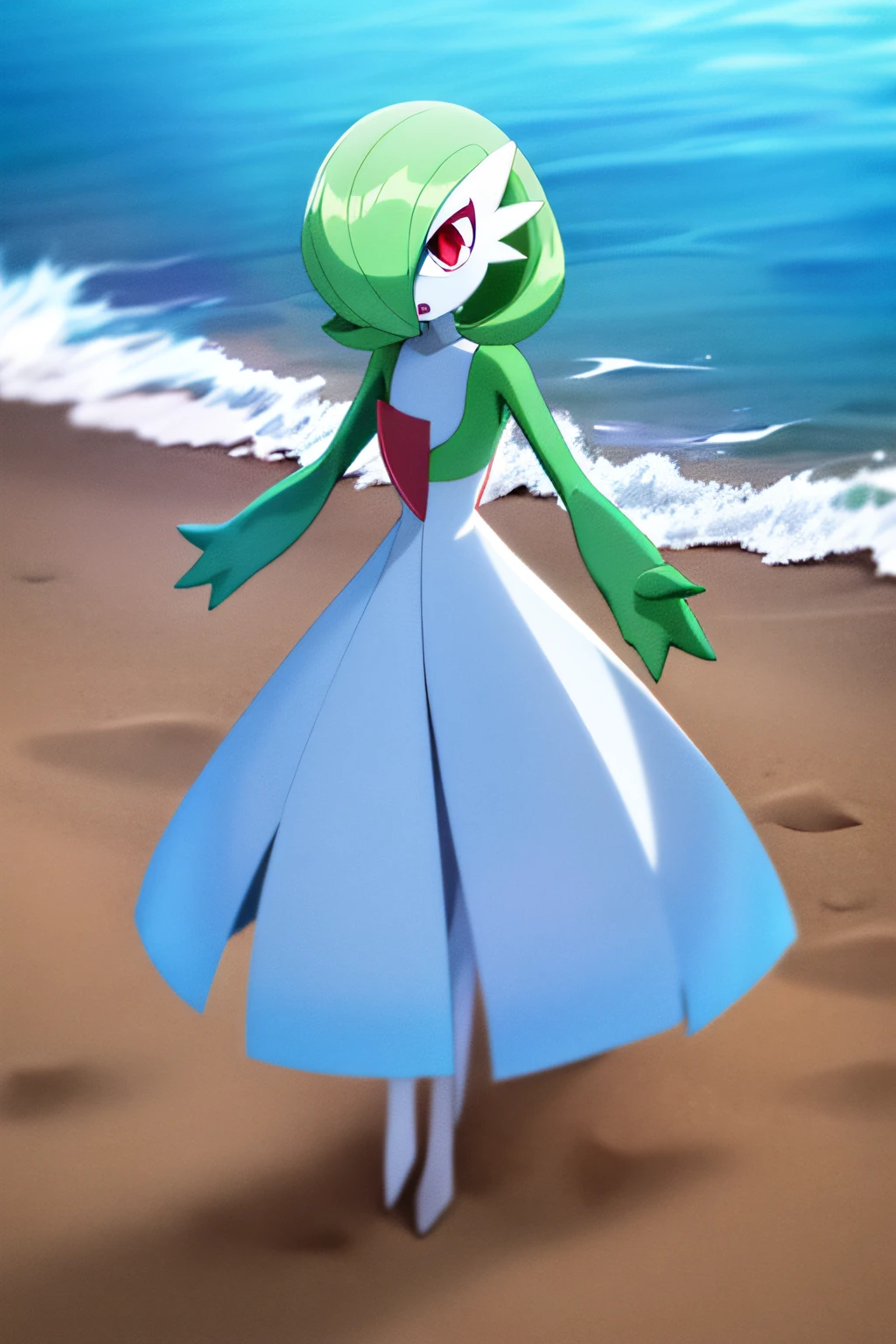 tmasterpiece, Best_quality, 1girll, solo, guard, Creatures \(co\), game freak, Nintendo, Pokemon, Pokemon \(gaming console\), pokemon unite, bangs, Colored skin, female focus, Flat chest, gen 3 pokemon, Green hair,green colored skin,Hair above one eye,Colorful skin,pokemmo\(organism\),red eyes,bob-cut hair,Two-tone skin,White-colored skin,On the sand,Anime style,beautiful detailed water,