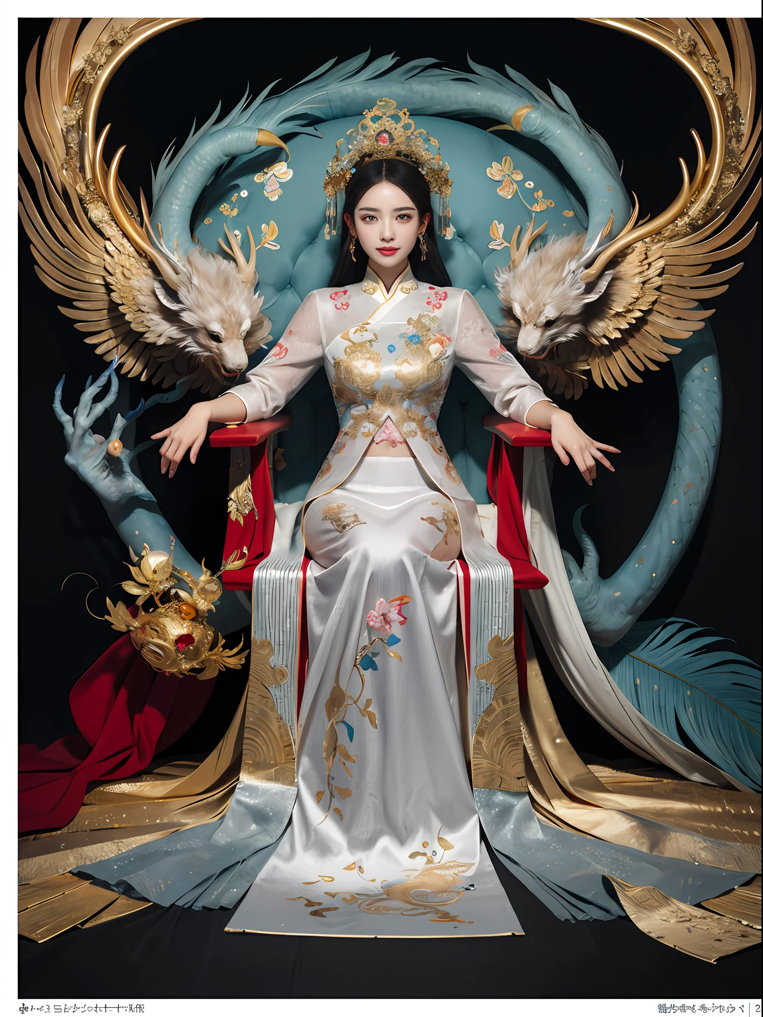 A Chinese girl sitting on a throne, a throne encrusted with precious stones, surrounded by Chinese phoenix beasts, gold and ruby color, unique monster illustration, dau al set, High resolution, A painting, dense composition, playful repetition, Pedras preciosas, crystals, Gold, Detailed paintings, unique monster illustration, Super fine details, Realistic, Super high resolution, Complex, Super detail, (dent in the skin), kawaii, Feminine, Detailed body, (Detailed face: 1.1), (contoured iris), (Watercolor lenses), (Perfect eyes), 4K, Gorgeous, (巨作: 1.2), (Best quality: 1.2), Gorgeous long dress, Dynamic pose, Rich colors, Film light and shadow，red and golden clothes