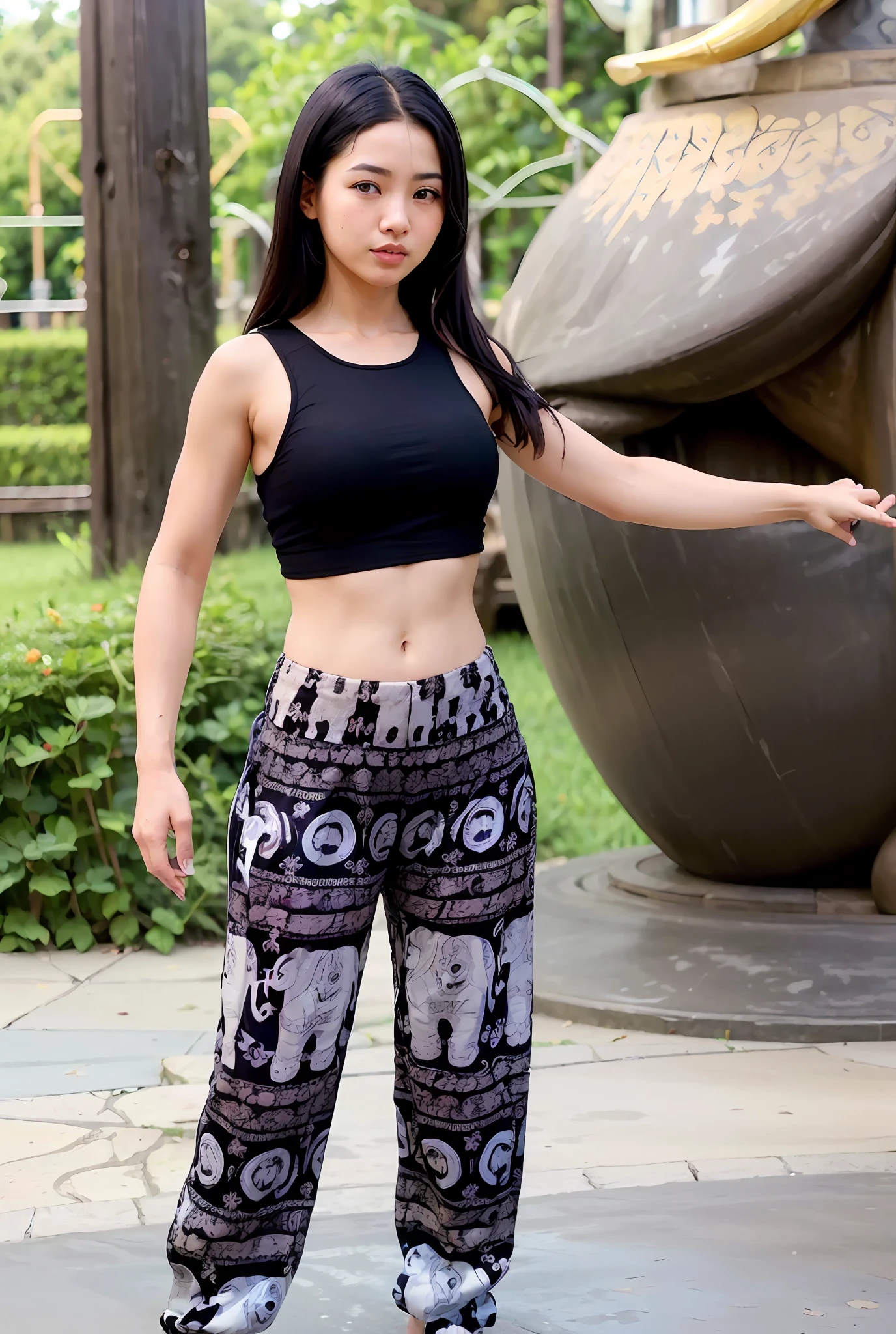 (best quality:1.4), (ultra highres:1.2), (photorealistic:1.4), (8k, RAW photo:1.2),(medium shot see girl face and pants :1.4), (thai girl sexy face:1.4), (looking at viewer),(black hair :1.5), (slim body), wearing (white crop top:1.3), (ThaiElephantHaremPants:1.3),(in disneyland:1.4),(natural light),(rim light), (shallow depth of field),