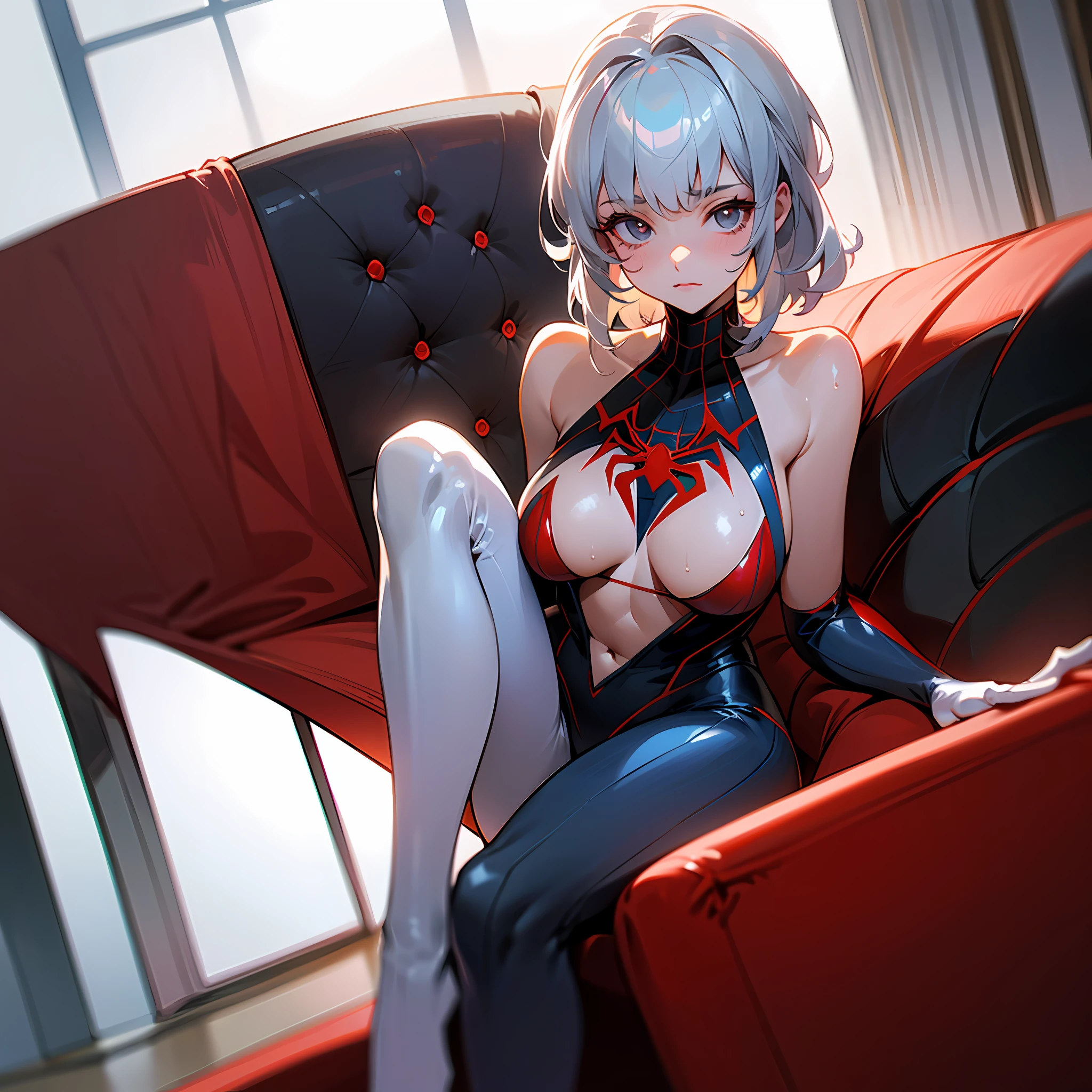 (CG Unity 8K wallpaper in extreme detail,tmasterpiece,Highest image quality),(Delicate light and shadow,The picture is highly dramatic,Cinematic lens effect),A girl in a white Spider-Man costume,Silver-gray hair color,From the Spider-Man parallel universe,Wenger,Marvel,Spidey,sitting in the couch,dynamicposes),(Exceptional detail,The lighting effect is outstanding,Vista wide angle),(Excellent rendering,Enough to stand out from the crowd),The focus is on the white Spider-Man costume,Complex spider textures,Clear bikini,Large breasts,anime big breast,Need,high high quality,Get wet with water,High exposure,Gel coat --auto