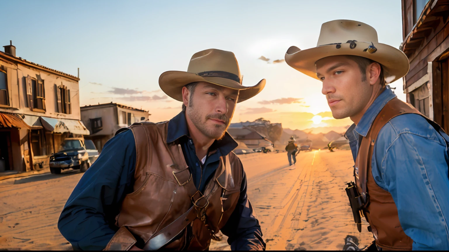 Cowboys walking on the way in the setting sun,Throw your hat in your hand,Go ahead