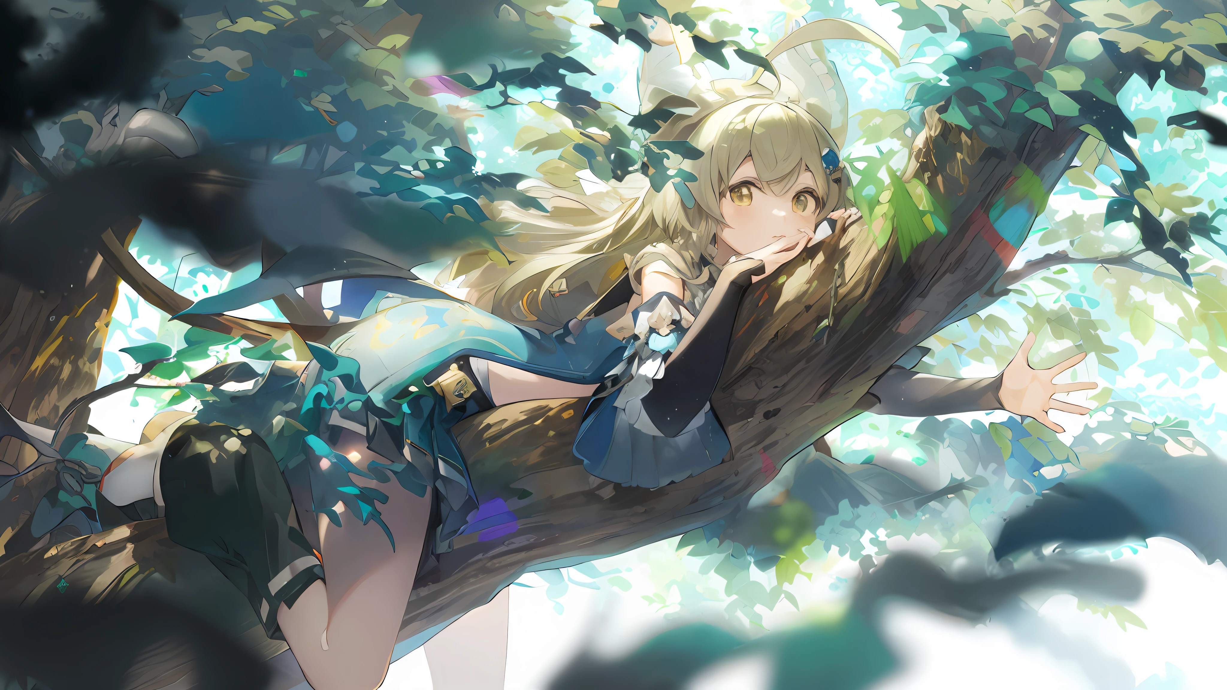 Anime girl sitting on tree，arms stretched out, Anime art wallpaper 8 K, Anime art wallpaper 4k, Anime art wallpaper 4 K, Splash art anime Loli, Official artwork, Key anime art, Detailed key anime art, trending on artstation pixiv, high detailed official artwork, Kawasi, offcial art, Beautiful anime artwork, style of anime4 K