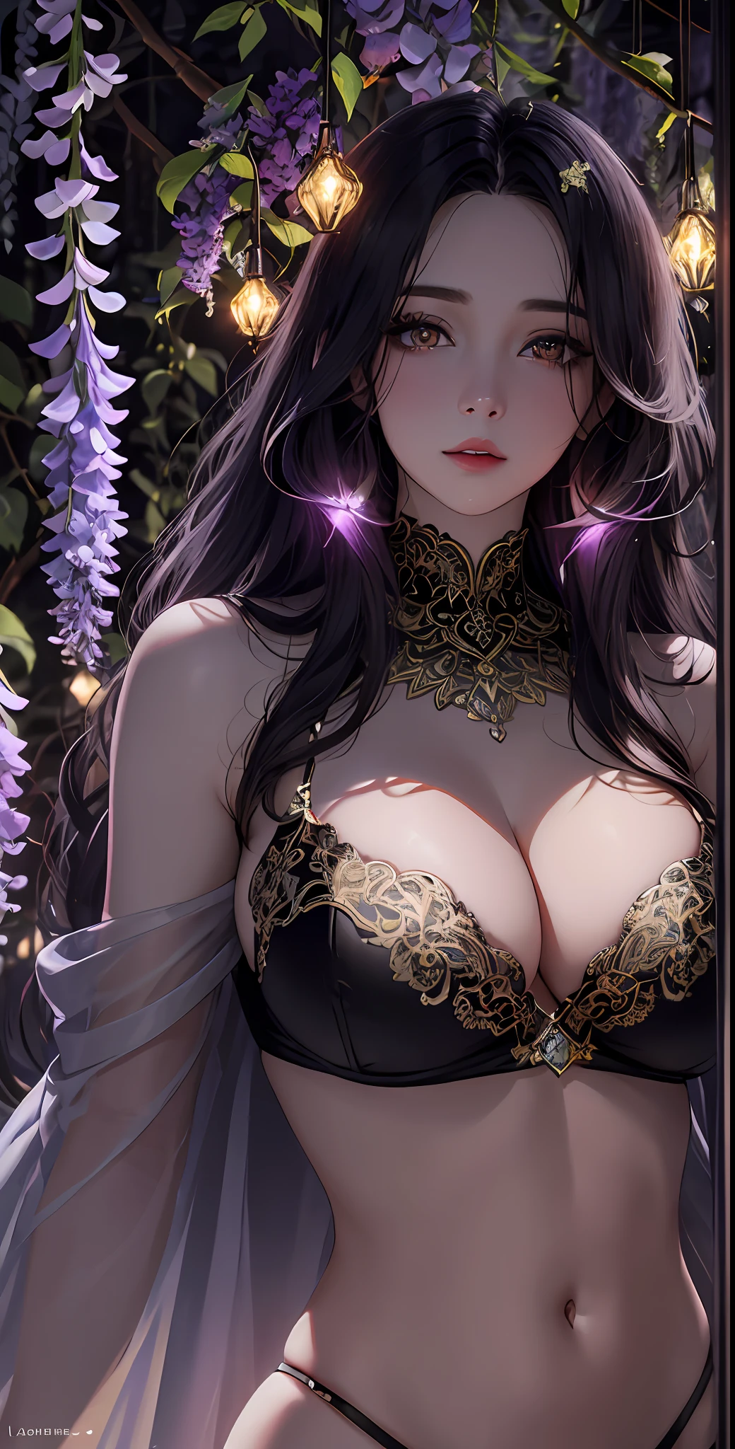 An intricate and stunning latern with glowing lights, delicately patterned metal, and vibrant colors on a dark background. Nighttime cityscape surroundings, gentle mist, and a hint of mystical ambiance.1girl,alraune, flower,large breasts, navel,black_hair,wisteria, parted lips,white bikini,