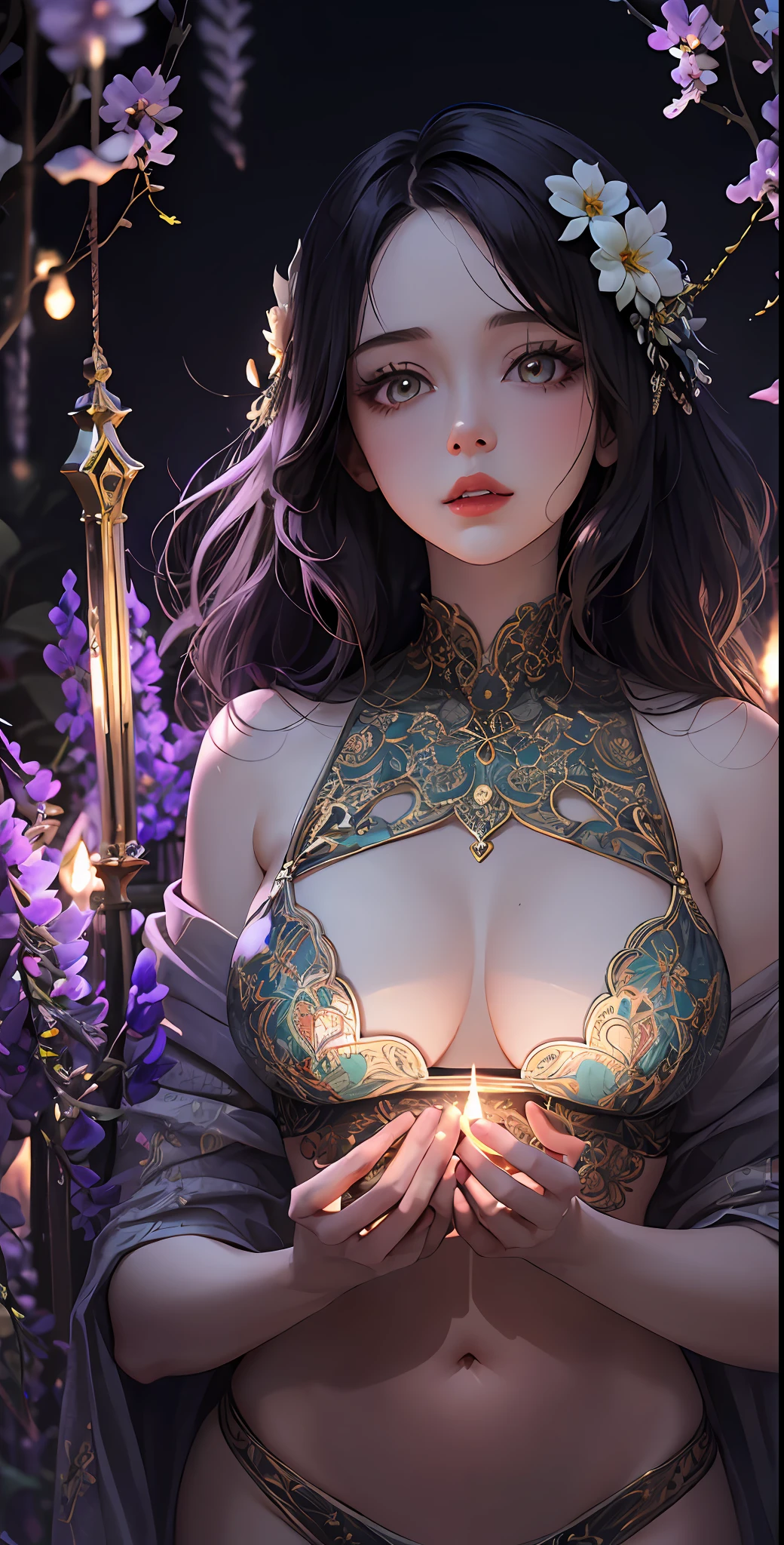An intricate and stunning latern with glowing lights, delicately patterned metal, and vibrant colors on a dark background. Nighttime cityscape surroundings, gentle mist, and a hint of mystical ambiance.1girl,alraune, flower,large breasts, navel,black_hair,wisteria, parted lips,white bikini,