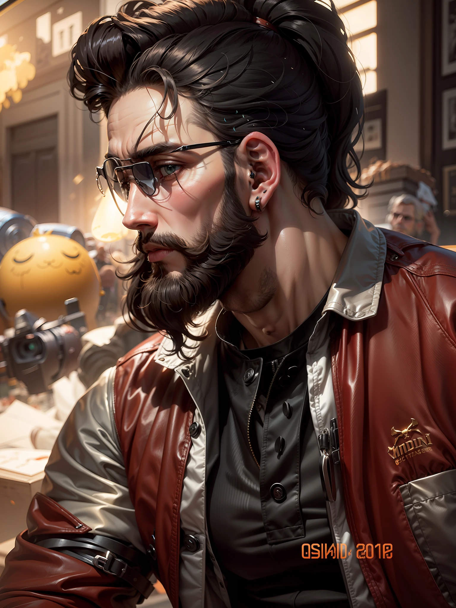 Super realistic 8k max resolution pictures of a very stylish and smart guy with beard and midium long hair. Scin toon in.
