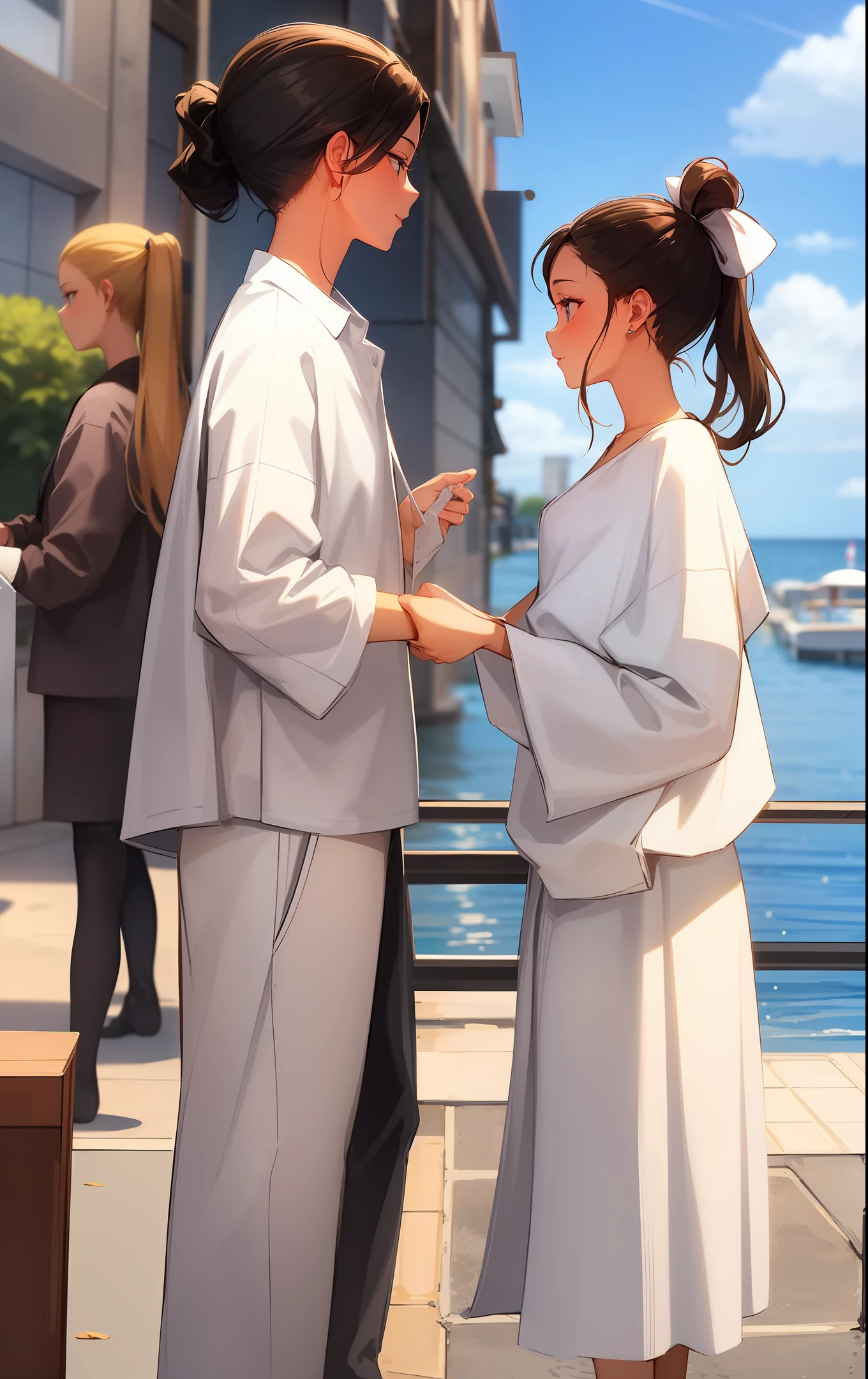 One dressed in white,A beauty with a high ponytail