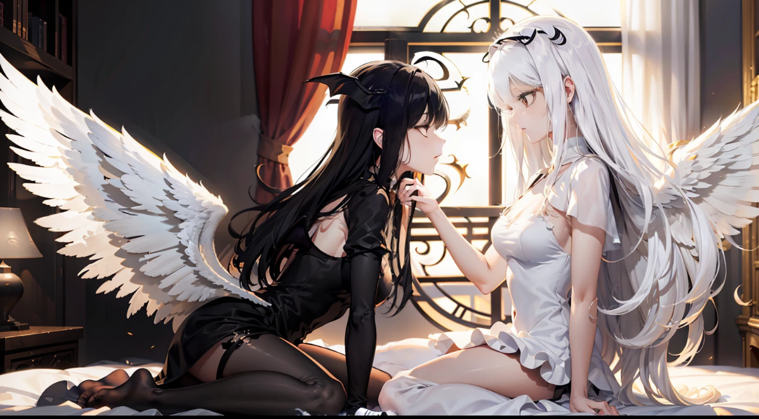 masterpiece,best quality,ultra-detailed,realistic,extremely detailed CG unity 8K wallpaper,left_right,full body,fantacy,From the side Side,2 girls,angel and demon,The angel sat on the bed shy and terrified,The demon approaches the angel,And looked straight at her,(white hair,white dress,White angel wings:1.2),(black hair,black dress,Black demon wings:1.2)