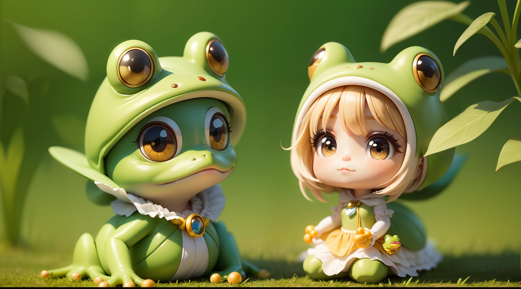 A Cinderella，A cute little frog，Look at each other，chibi，full body