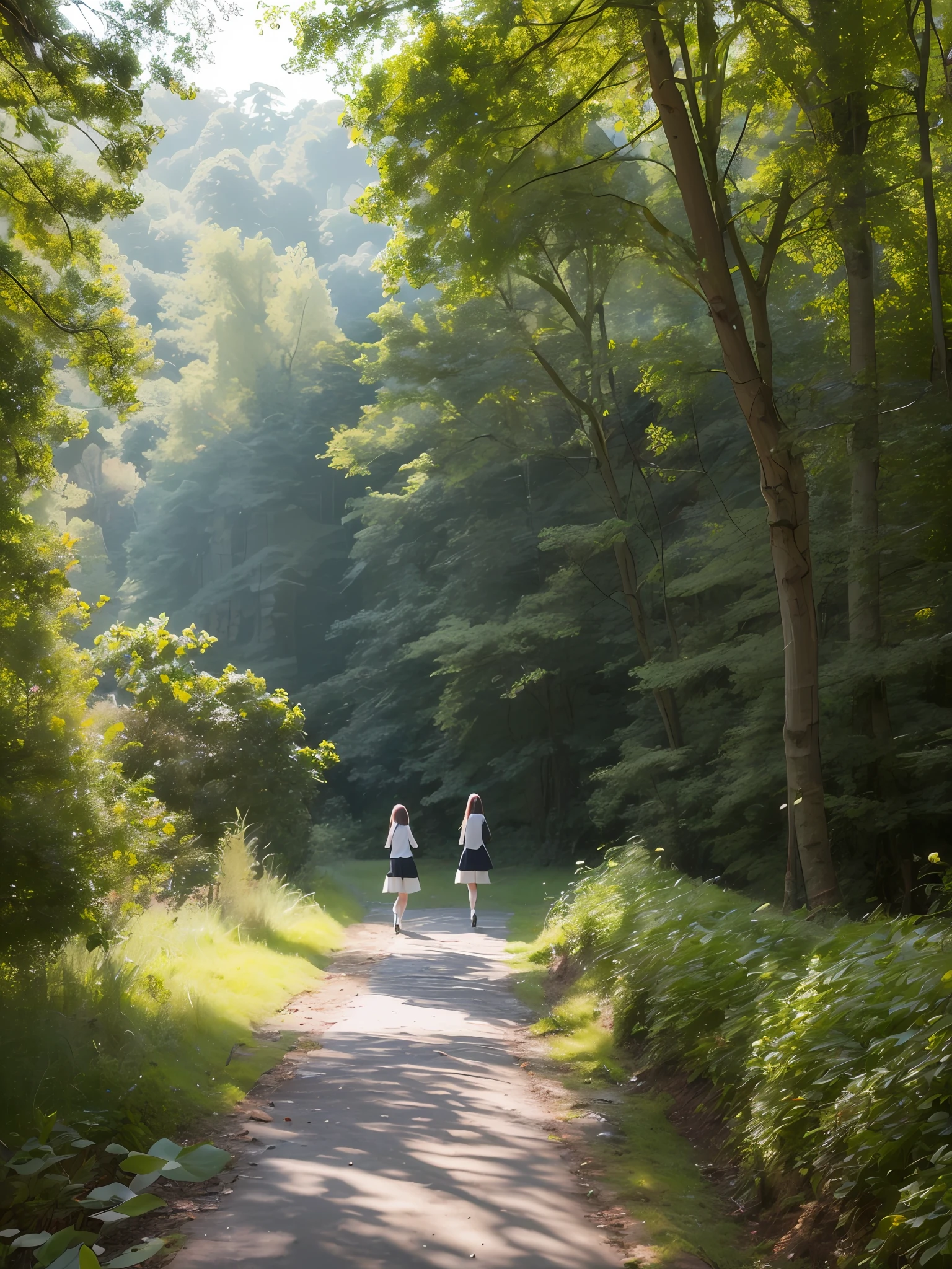 ln the forest，brook，rays of sunshine，deers，schoolgirls