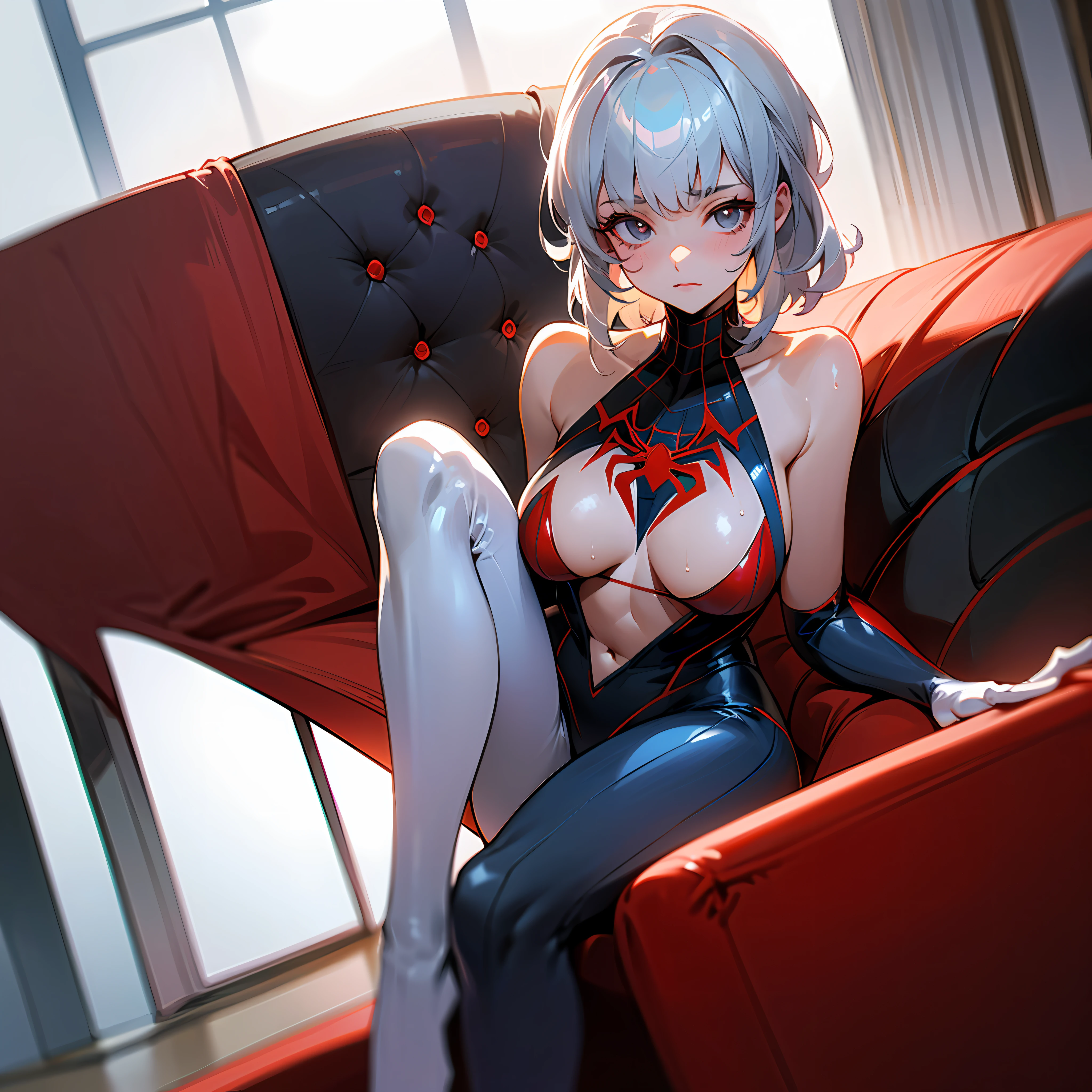 (CG Unity 8K wallpaper in extreme detail,tmasterpiece,Highest image quality),(Delicate light and shadow,The picture is highly dramatic,Cinematic lens effect),A girl in a white Spider-Man costume,Silver-gray hair color,From the Spider-Man parallel universe,Wenger,Marvel,Spidey,sitting in the couch,dynamicposes),(Exceptional detail,The lighting effect is outstanding,Vista wide angle),(Excellent rendering,Enough to stand out from the crowd),The focus is on the white Spider-Man costume,Complex spider textures,Clear bikini,Large breasts,anime big breast,Need,high high quality,Get wet with water,High exposure,Gel coat --auto