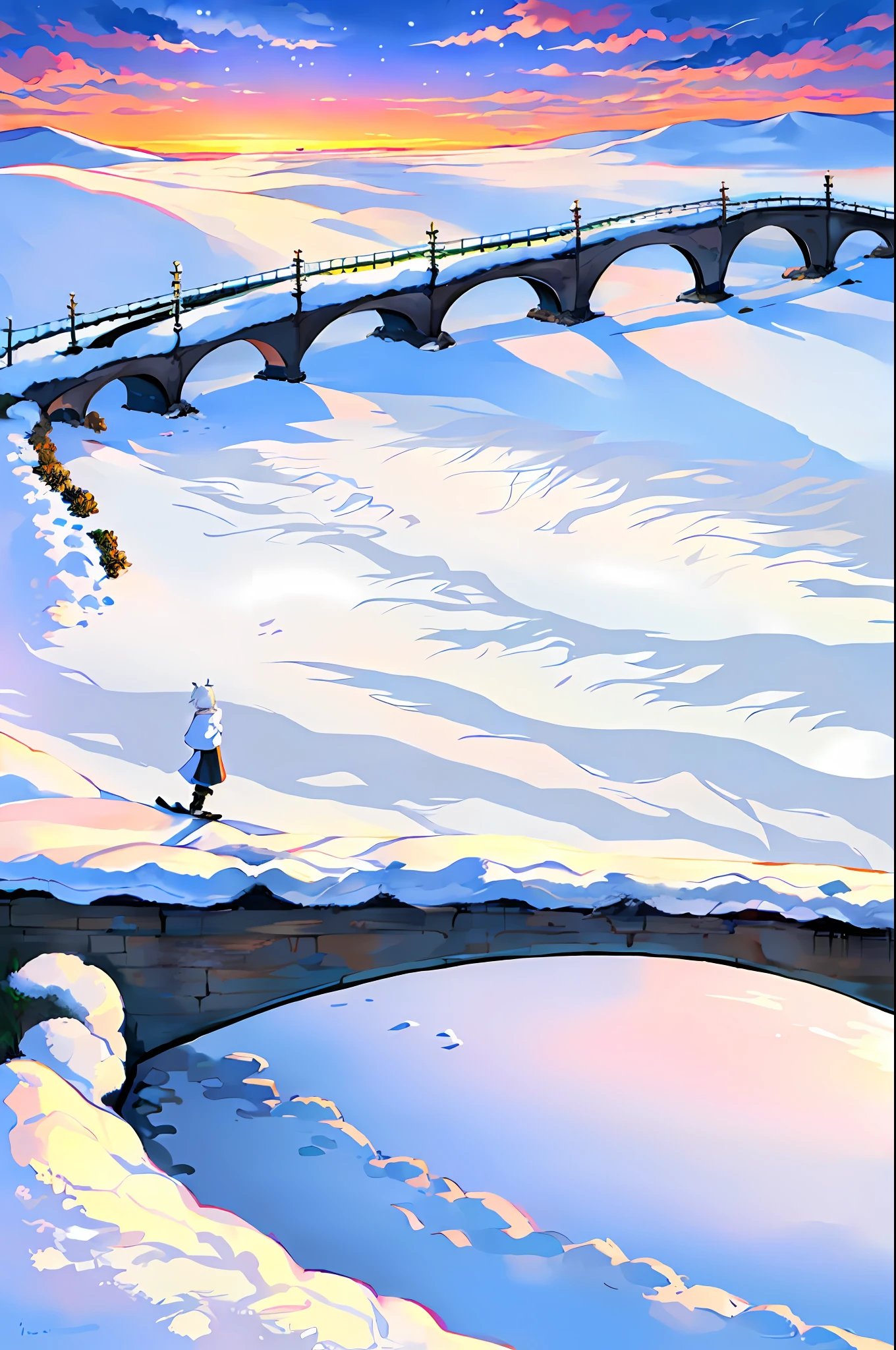 ((absurdres)), ((masterpiece)),((best quality)) ,1boy, white hair, green eyes, short hair, cat ears, ahoge, ((winter clothes)), snow, bridge, sky, sunset, cloudy, ((extremely detailed)), ((ultra-detailed)),