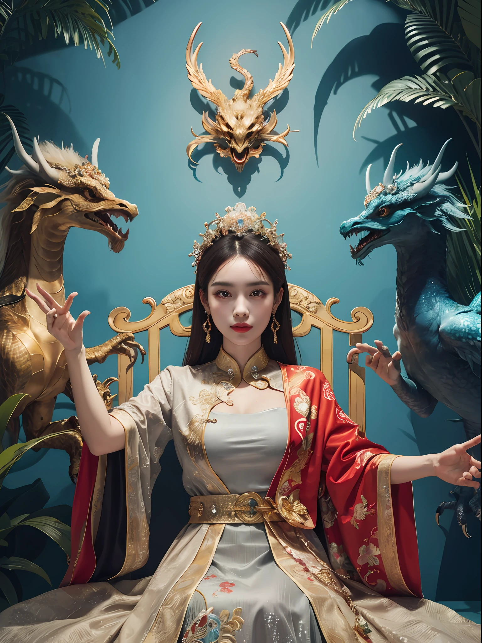 A Chinese girl sitting on a throne, a throne encrusted with precious stones, surrounded by Chinese phoenix beasts, gold and ruby color, unique monster illustration, dau al set, High resolution, A painting, dense composition, playful repetition, Pedras preciosas, crystals, Gold, Detailed paintings, unique monster illustration, Super fine details, Realistic, Super high resolution, Complex, Super detail, (dent in the skin), kawaii, Feminine, Detailed body, (Detailed face: 1.1), (contoured iris), (Watercolor lenses), (Perfect eyes), 4K, Gorgeous, (巨作: 1.2), (Best quality: 1.2), Gorgeous long dress, Dynamic pose, Rich colors, Film light and shadow，red and golden clothes