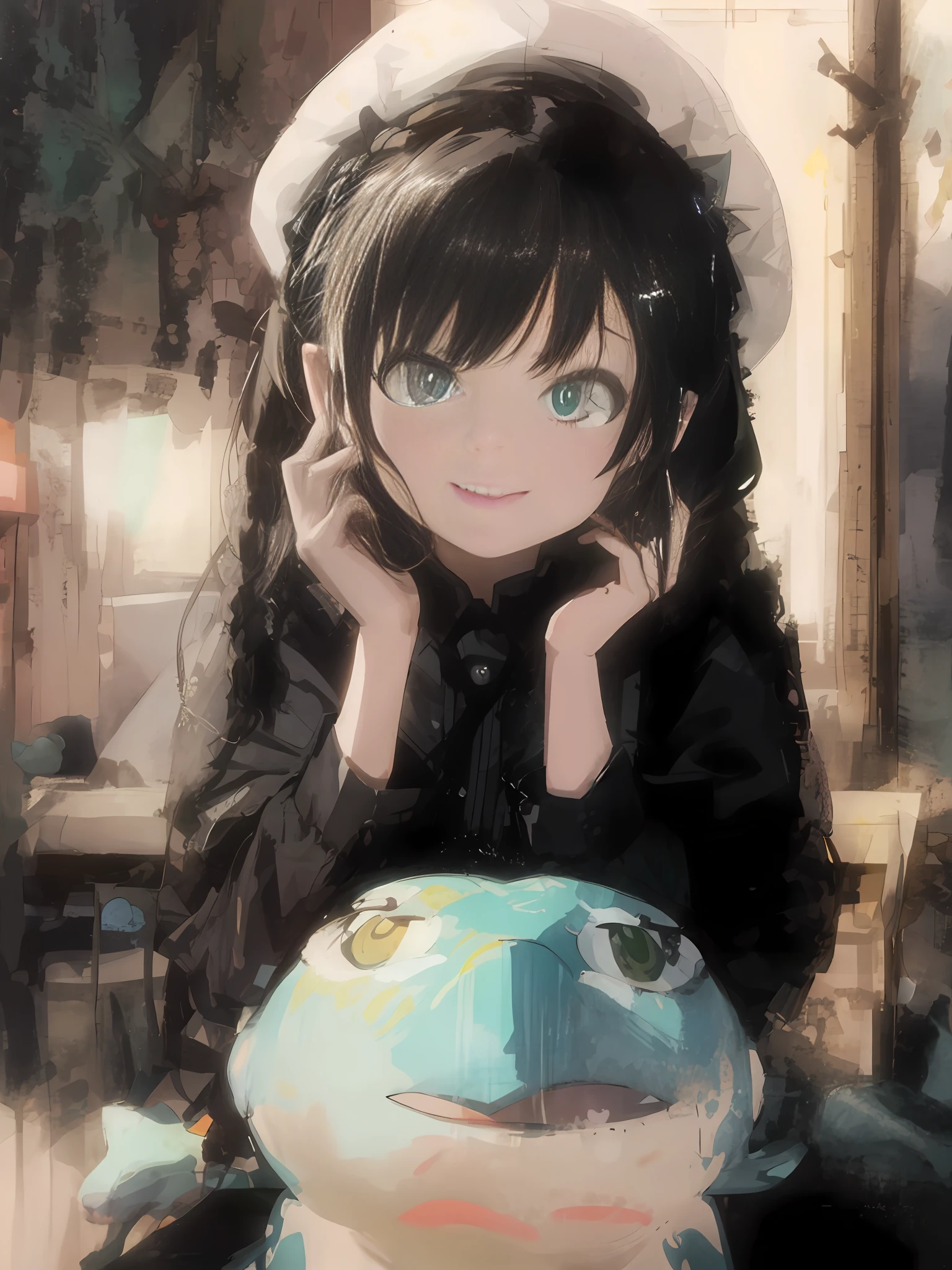 Black hair, ahoge, twin braid, Large hair, Multiple braids, beret, Earphone, frog hair ornament, aqua eyes, Smile, Drunk, Bright pupils,Handsome nose, Ear blush, Seductive smile, Light blush, covering mouth, full face blush, Cinematic lighting, stereograms, Modern, 8K, Super detail, The ultra -The high-definition, 巨作, ccurate, Anatomically correct, Textured skin, Super detail, High details, High quality, Best quality, A high resolution, 16k,Delicate picture