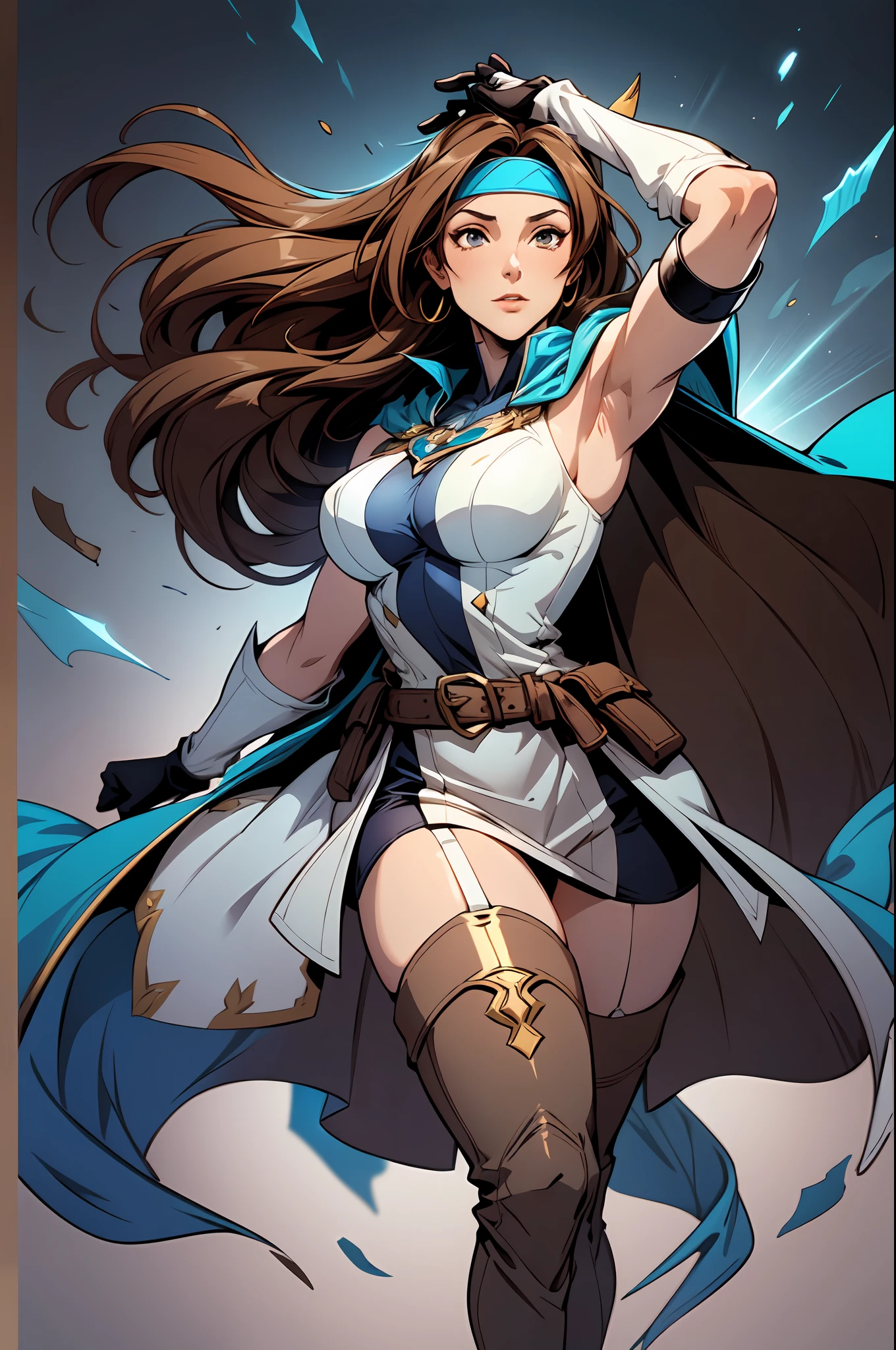 (mature female:1.3), long brown hair, wearing a headband, short pale tunic and white stockings, high boots, azure cape, armpits, dynamic lighting, high contrast, two tone lighting